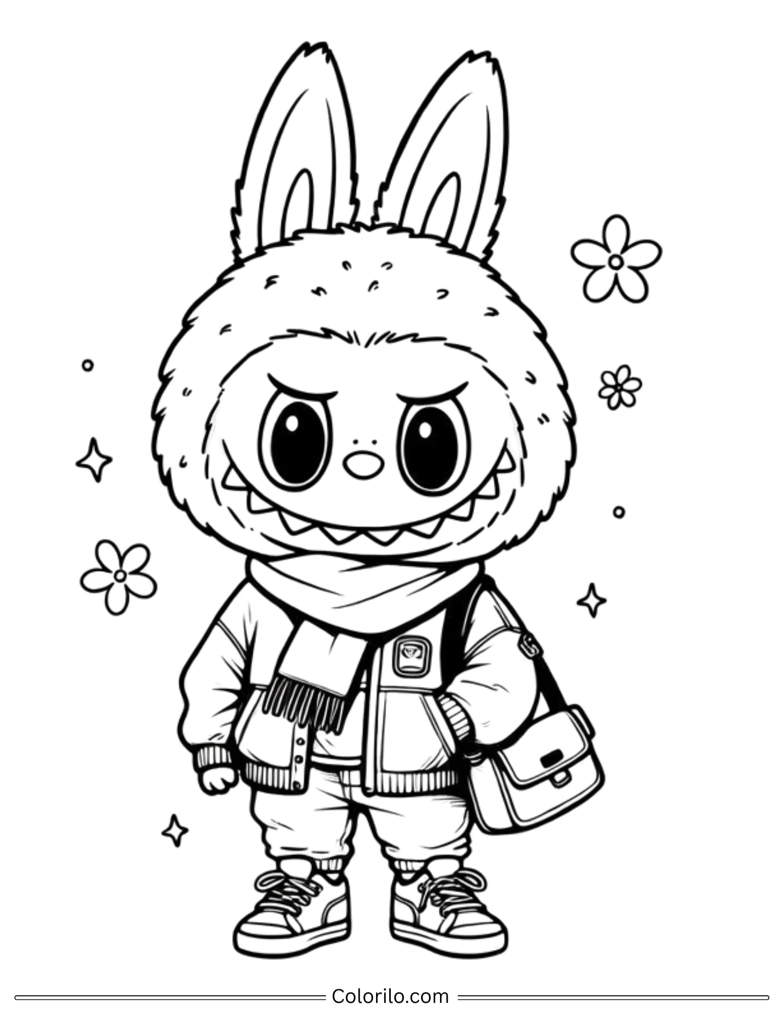 Labubu wearing jacket and bag coloring page