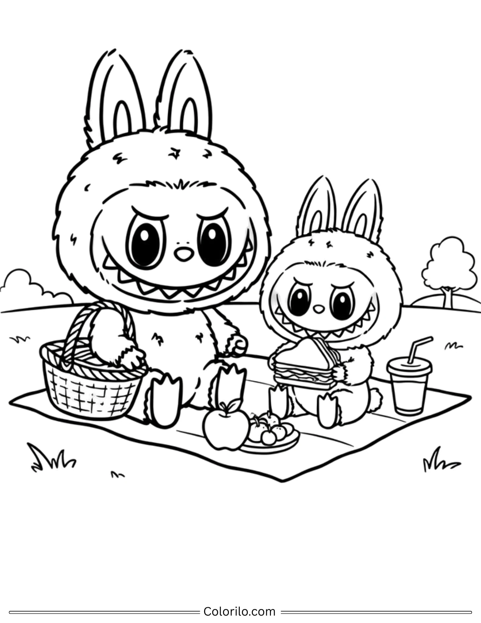 Labubu having a picnic coloring page for kids
