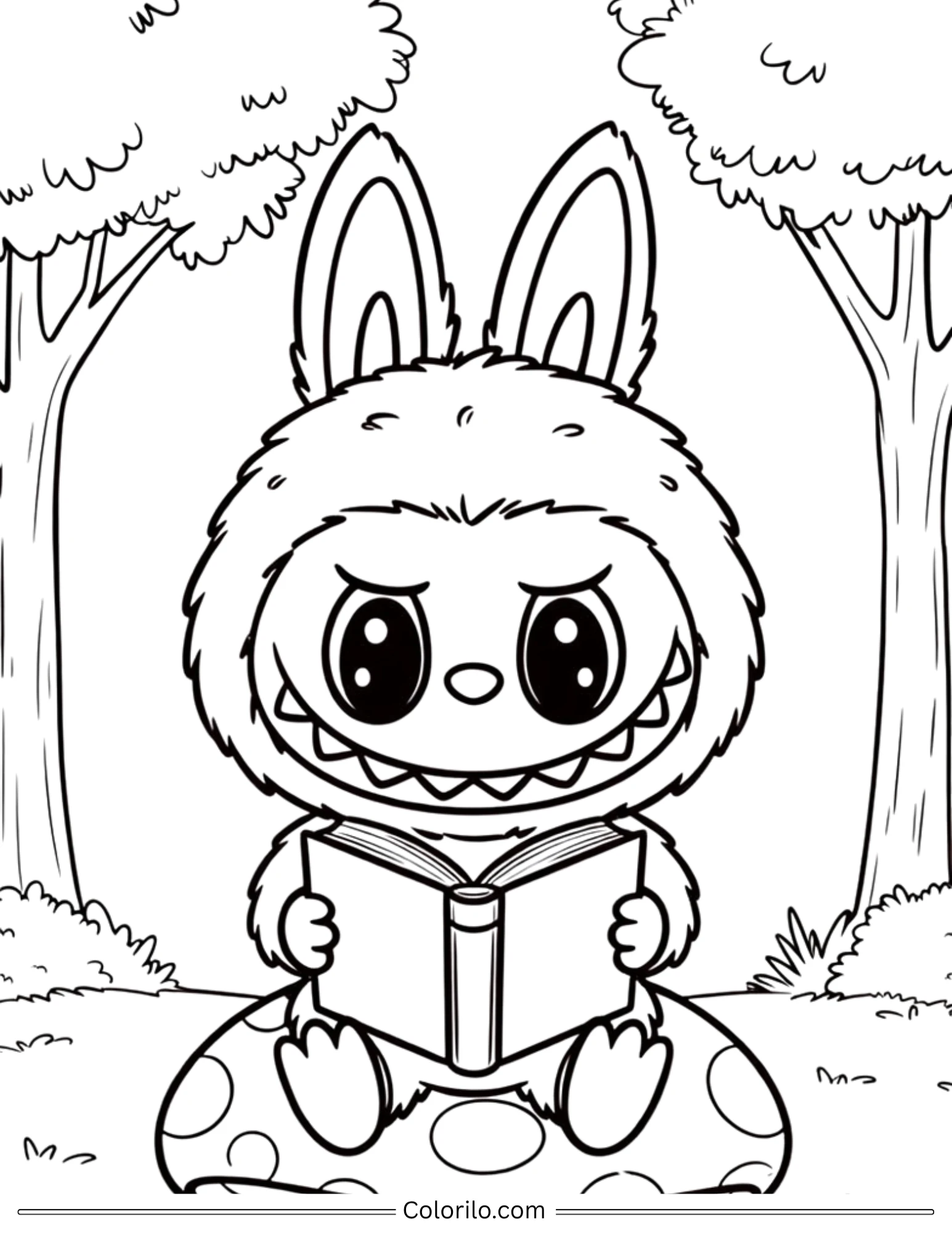 Labubu reading a book in forest coloring page