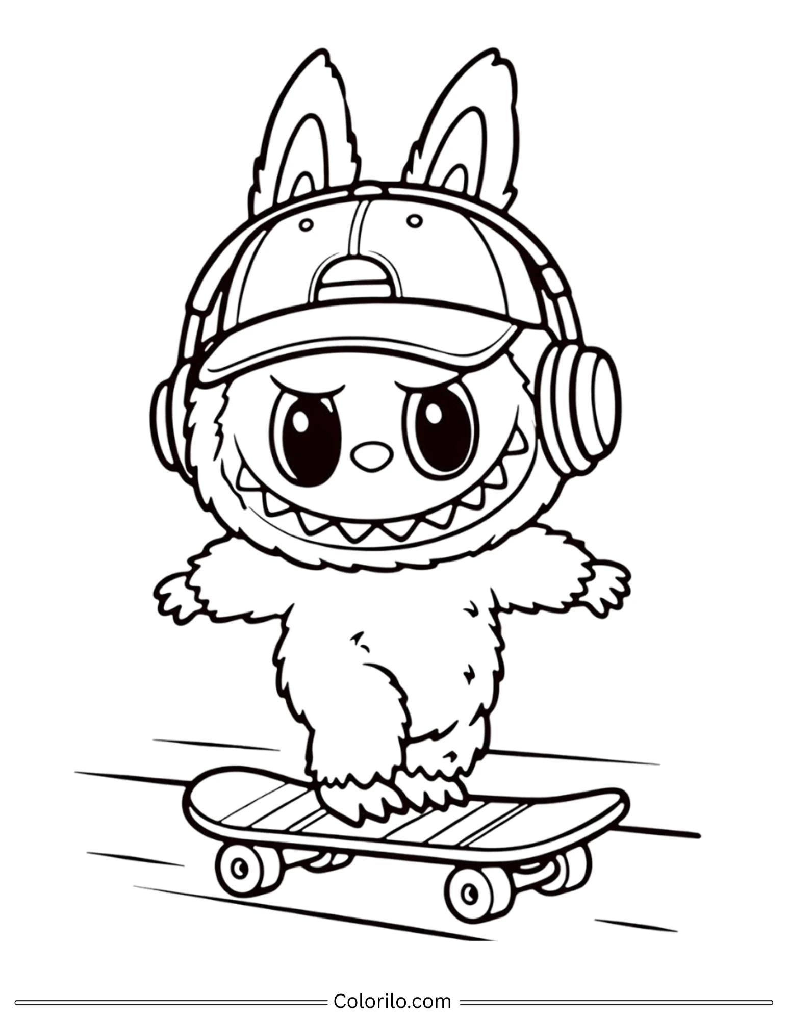 Labubu on skateboard with cap and headphones coloring page