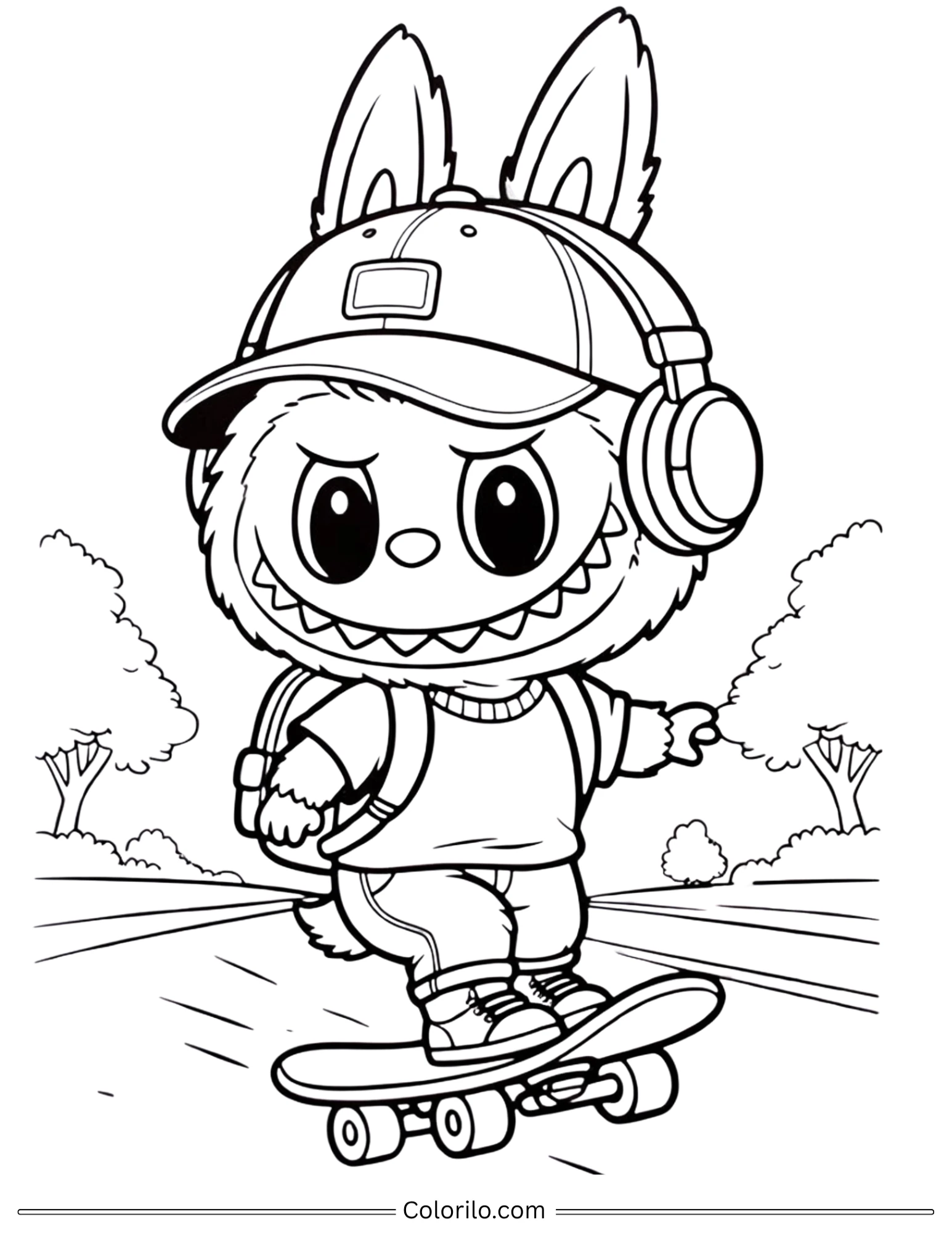 Labubu skateboarding with headphones coloring page