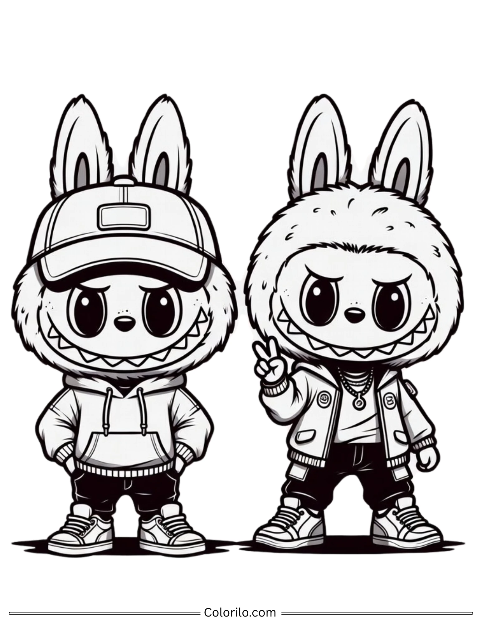 Two Labubu friends in streetwear coloring page