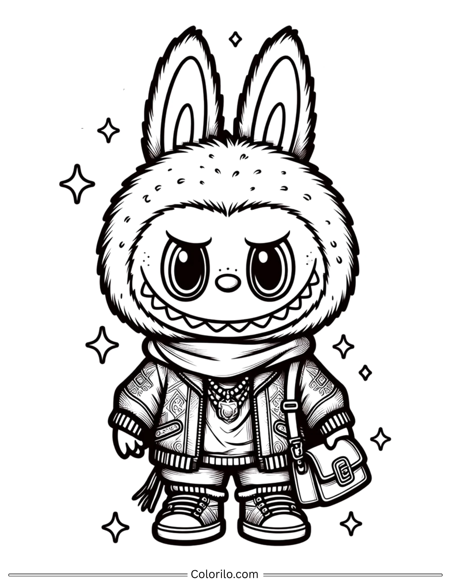 Labubu in streetwear outfit coloring page for adults