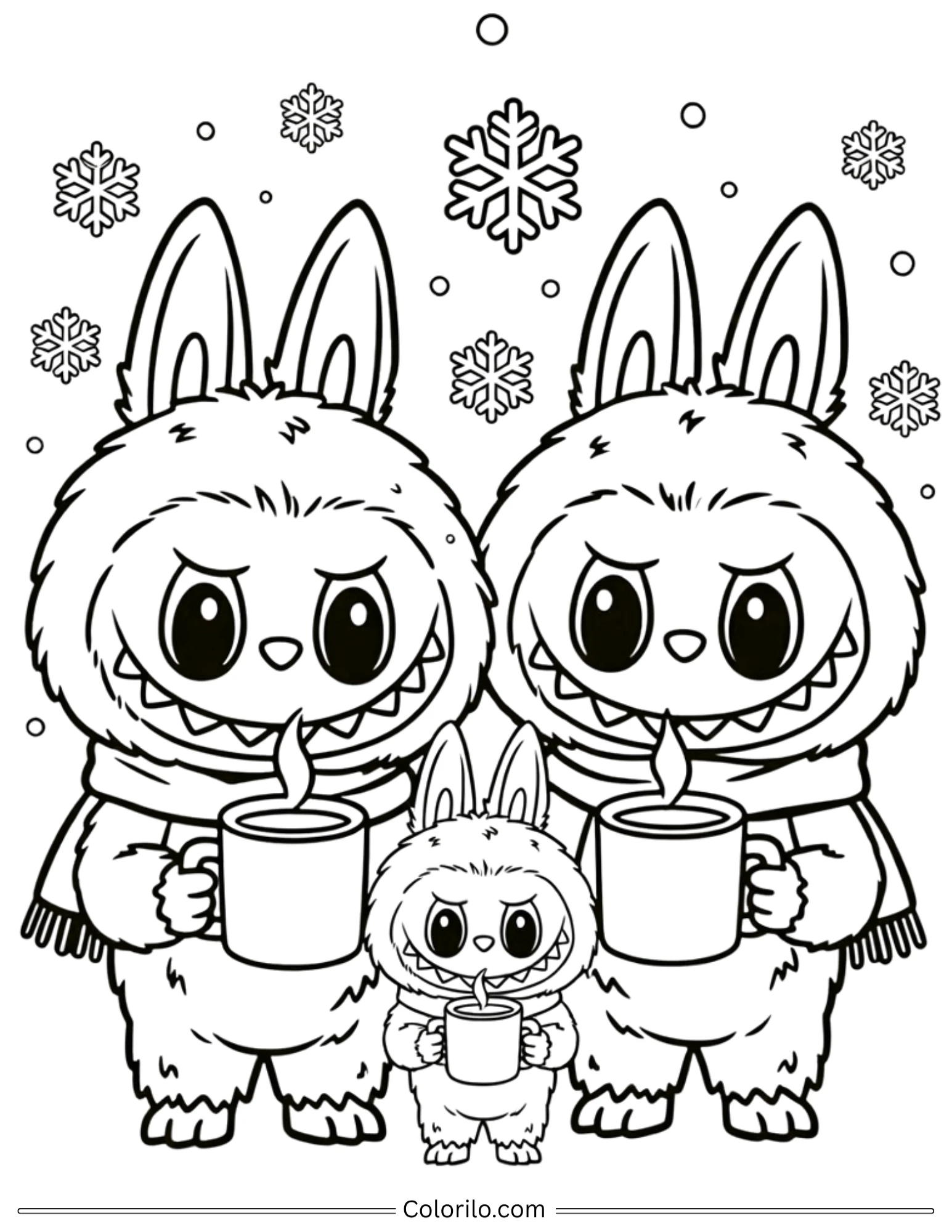 Labubu friends in winter with hot drinks coloring page