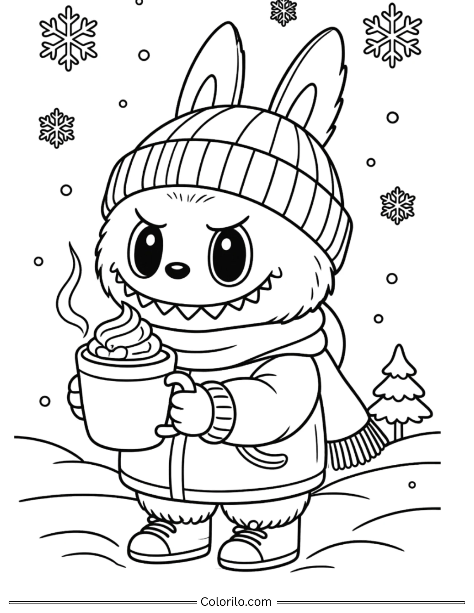 Labubu in winter with hot chocolate coloring page