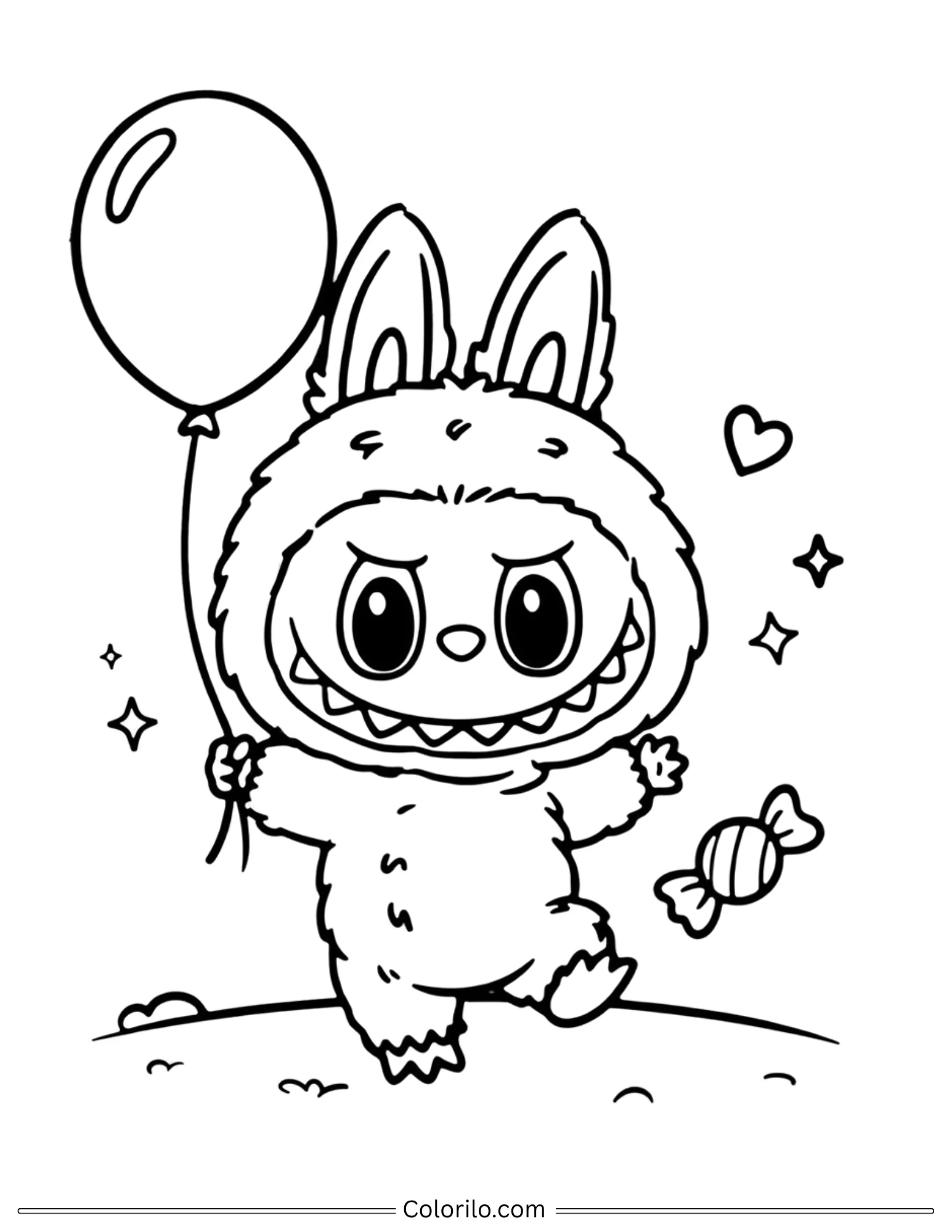 Labubu holding a balloon coloring page for kids
