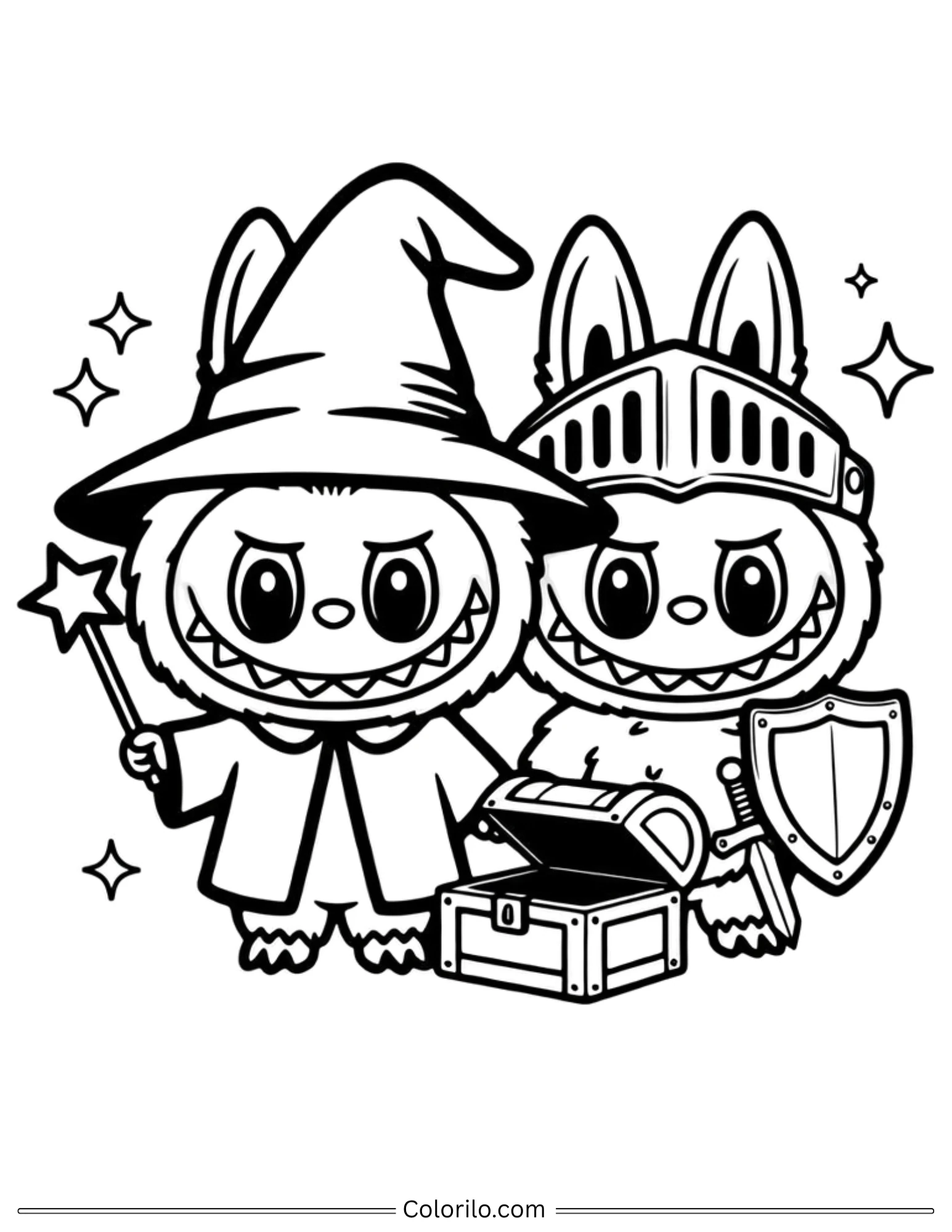 Labubu wizard and knight with treasure coloring page