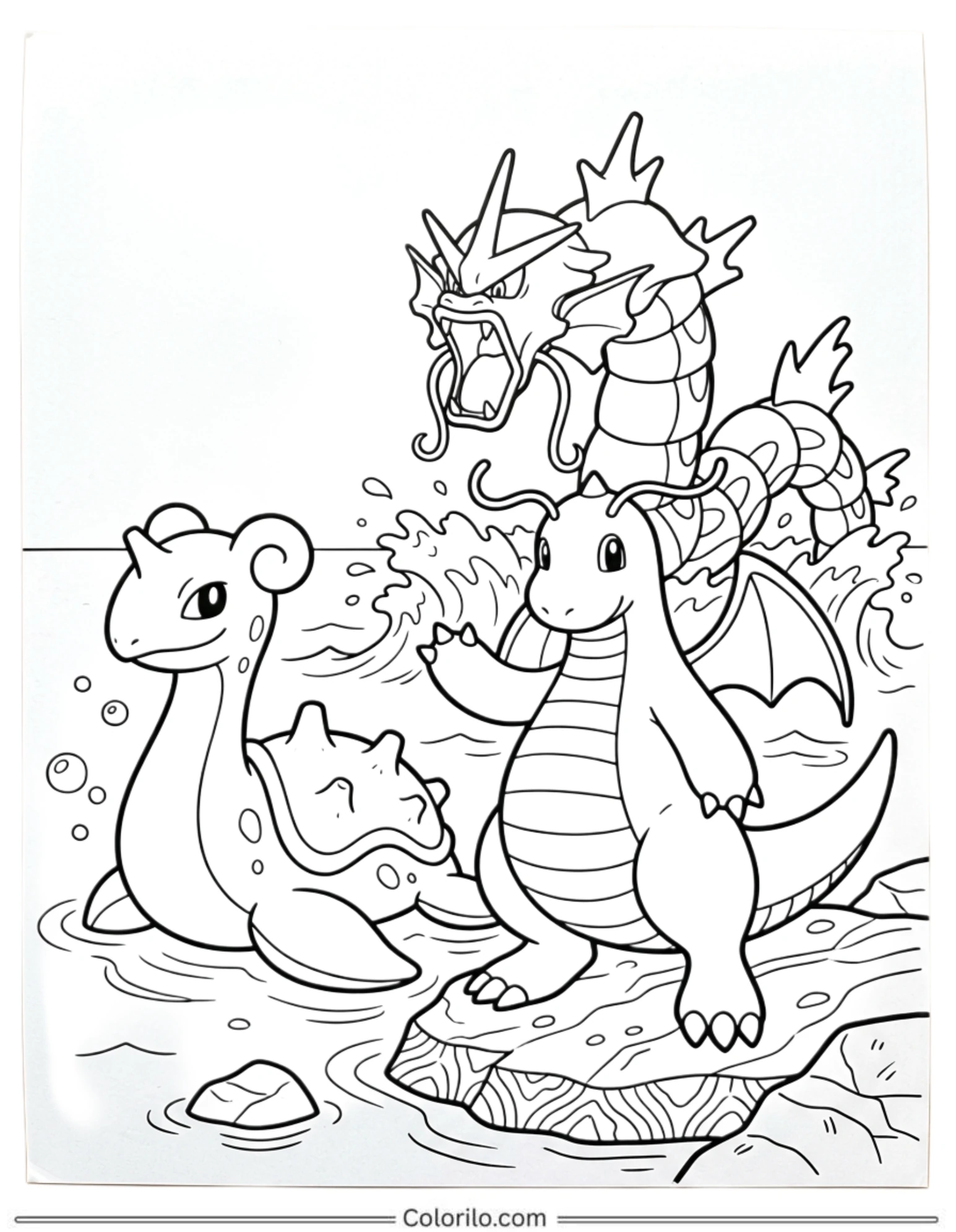 Lapras Dragonite and Gyarados at the ocean coloring page