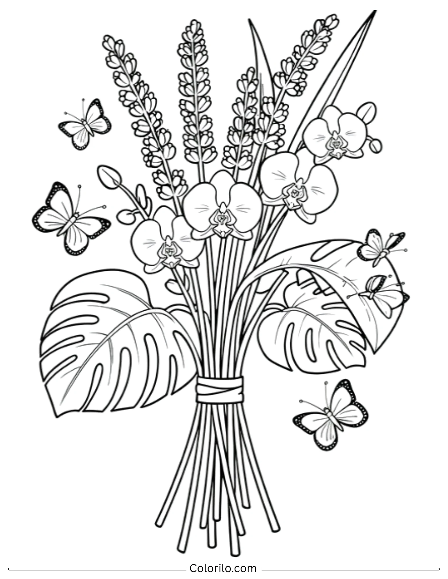 Lavender and orchid bouquet with butterflies coloring page