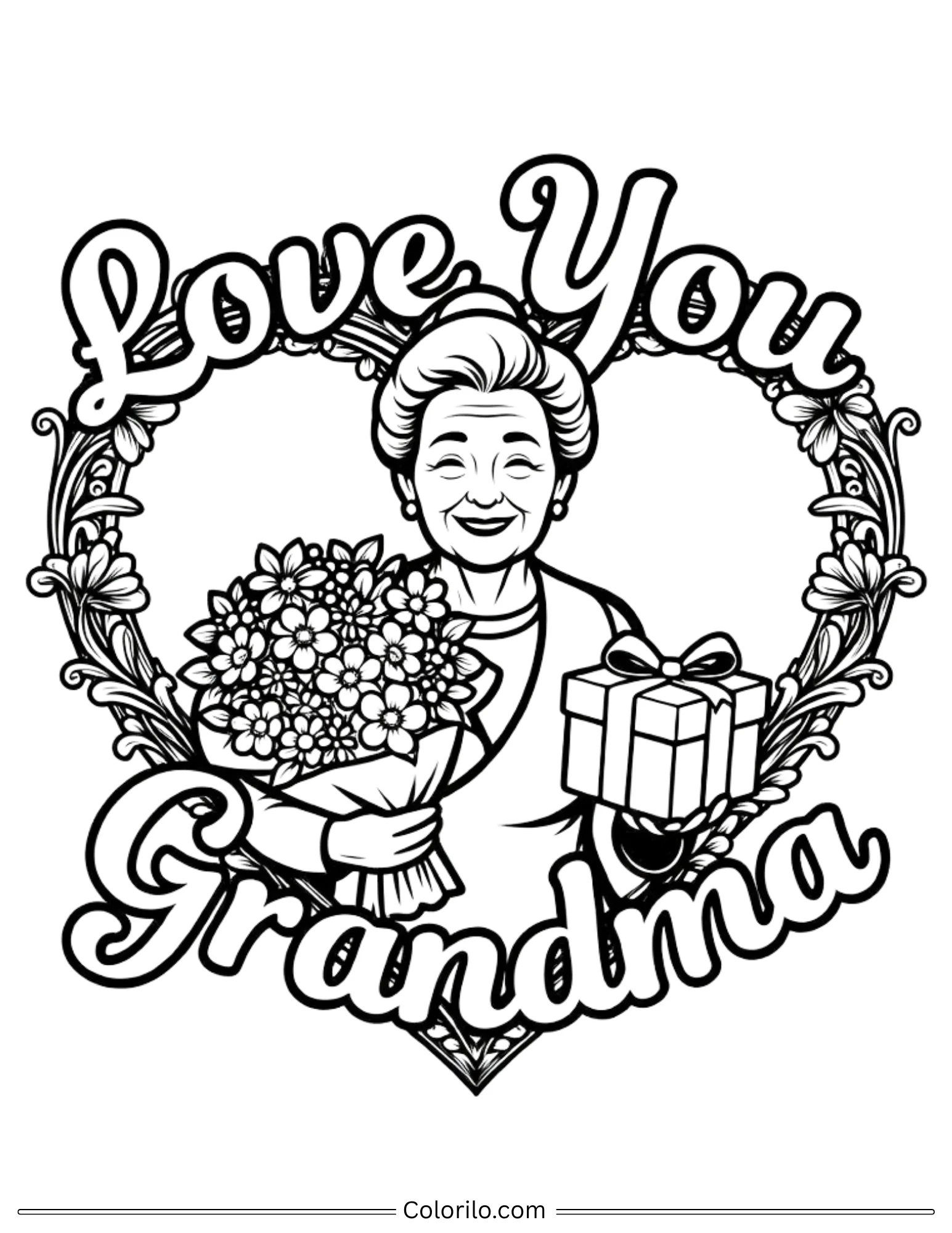 Love You Grandma floral heart coloring page