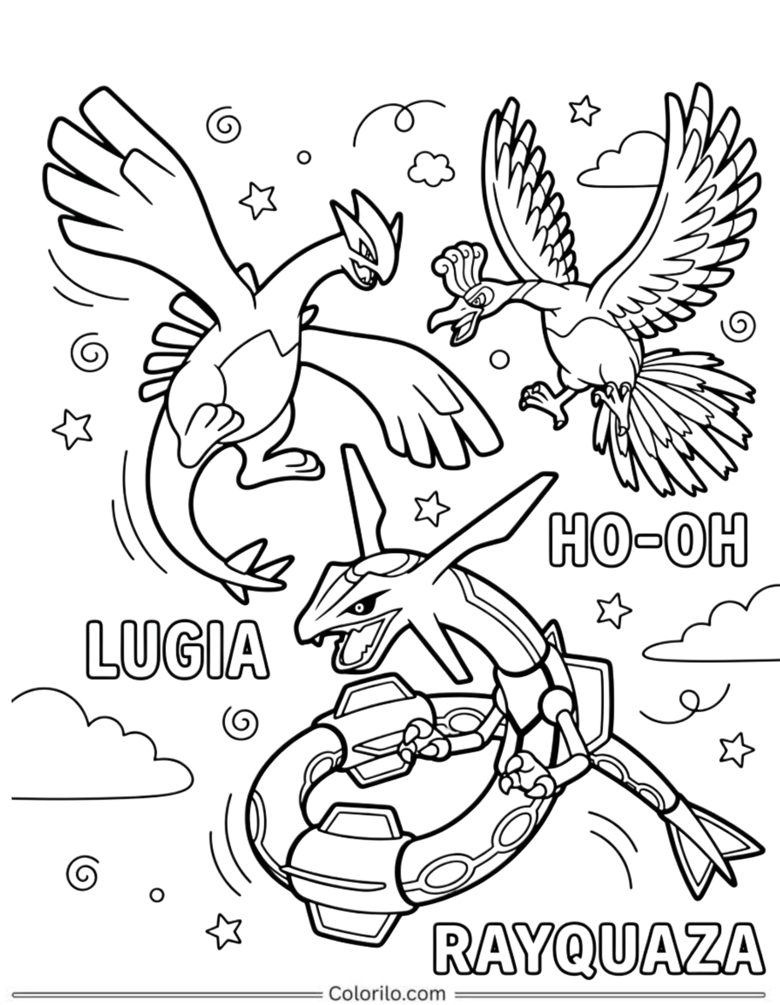 Lugia Ho-Oh and Rayquaza legendary Pokemon coloring page