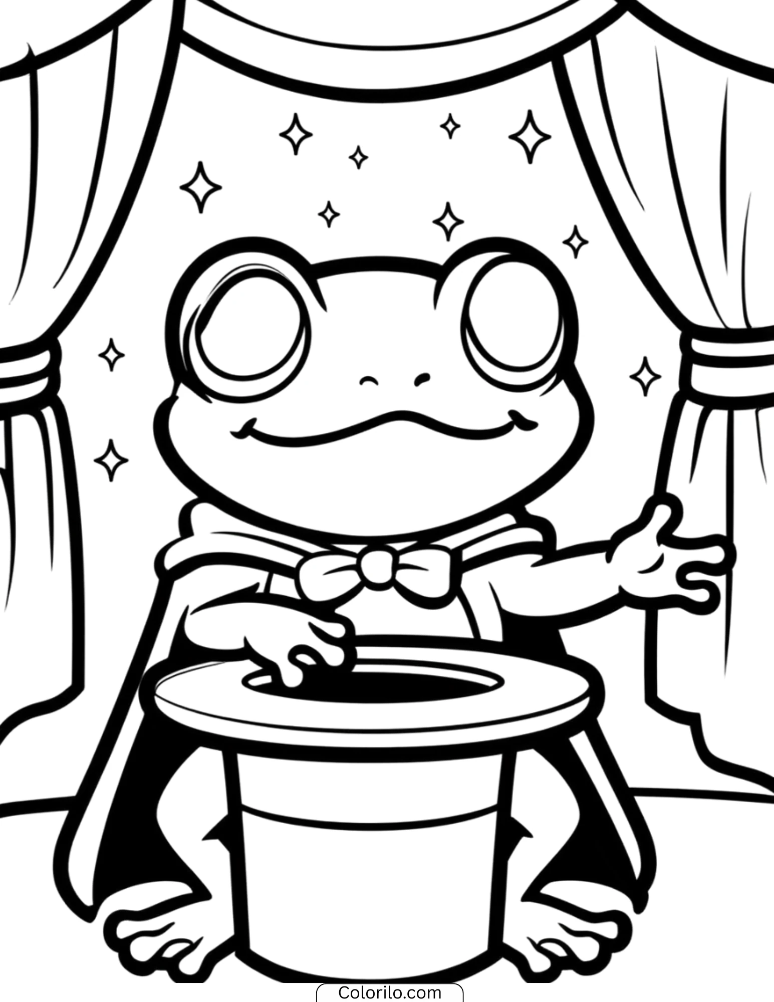 Magician frog with top hat on stage coloring page