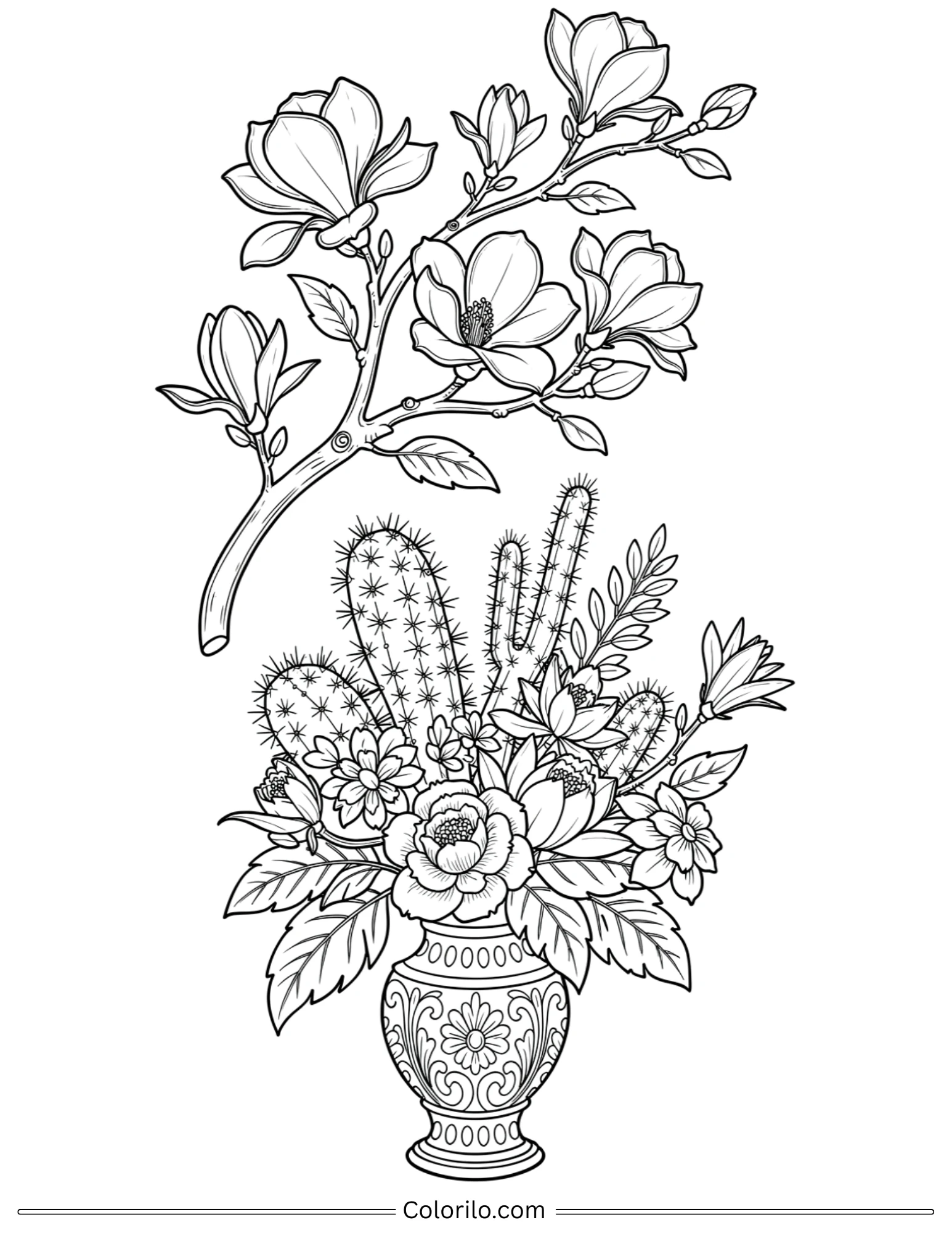 Magnolia and cactus in ornate vase coloring page