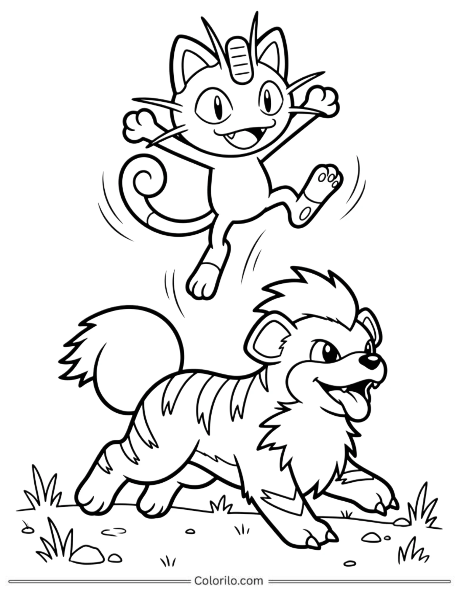 Meowth riding Growlithe coloring page