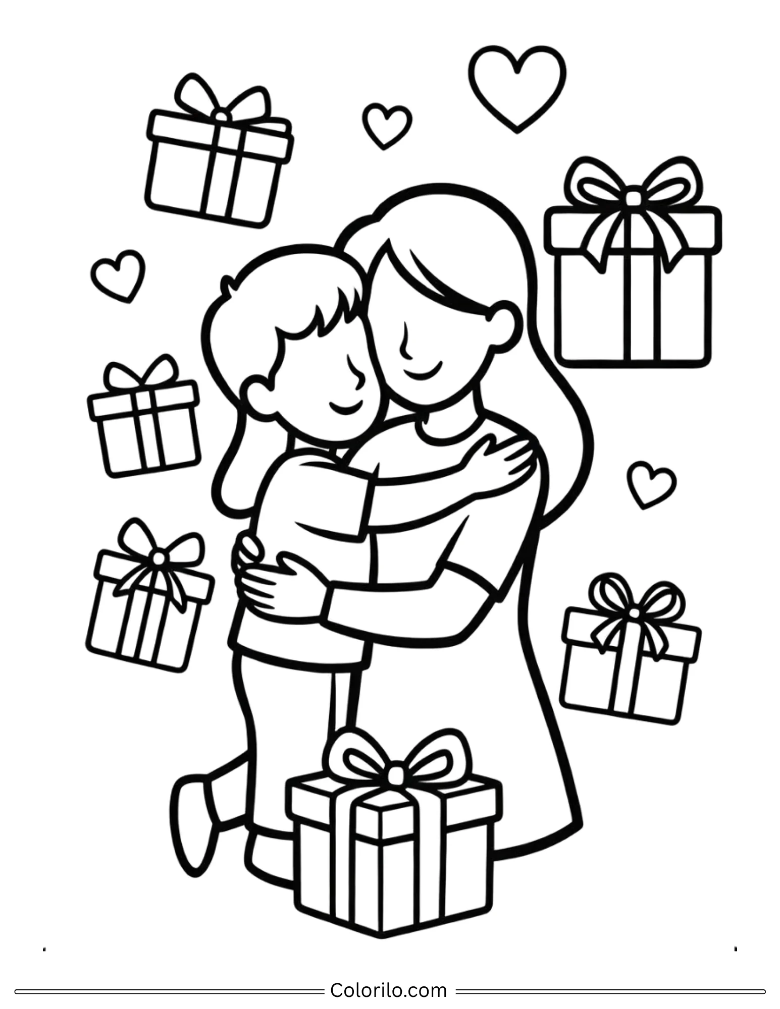 Mom and son hugging with gifts Mother's Day coloring page