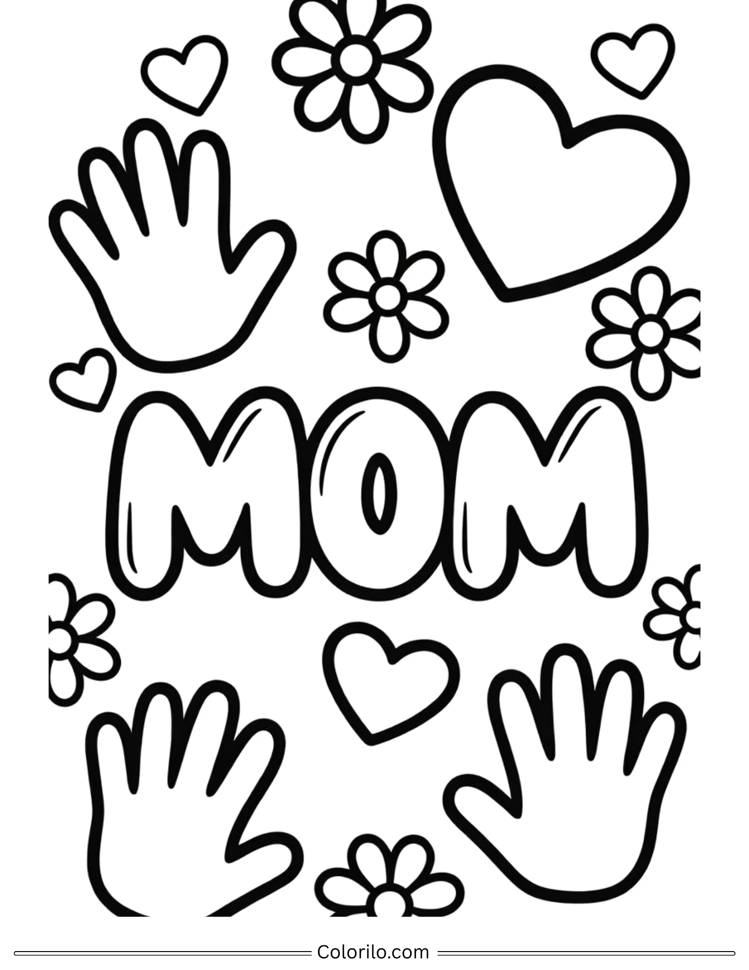 Mom handprints and hearts coloring page for kids