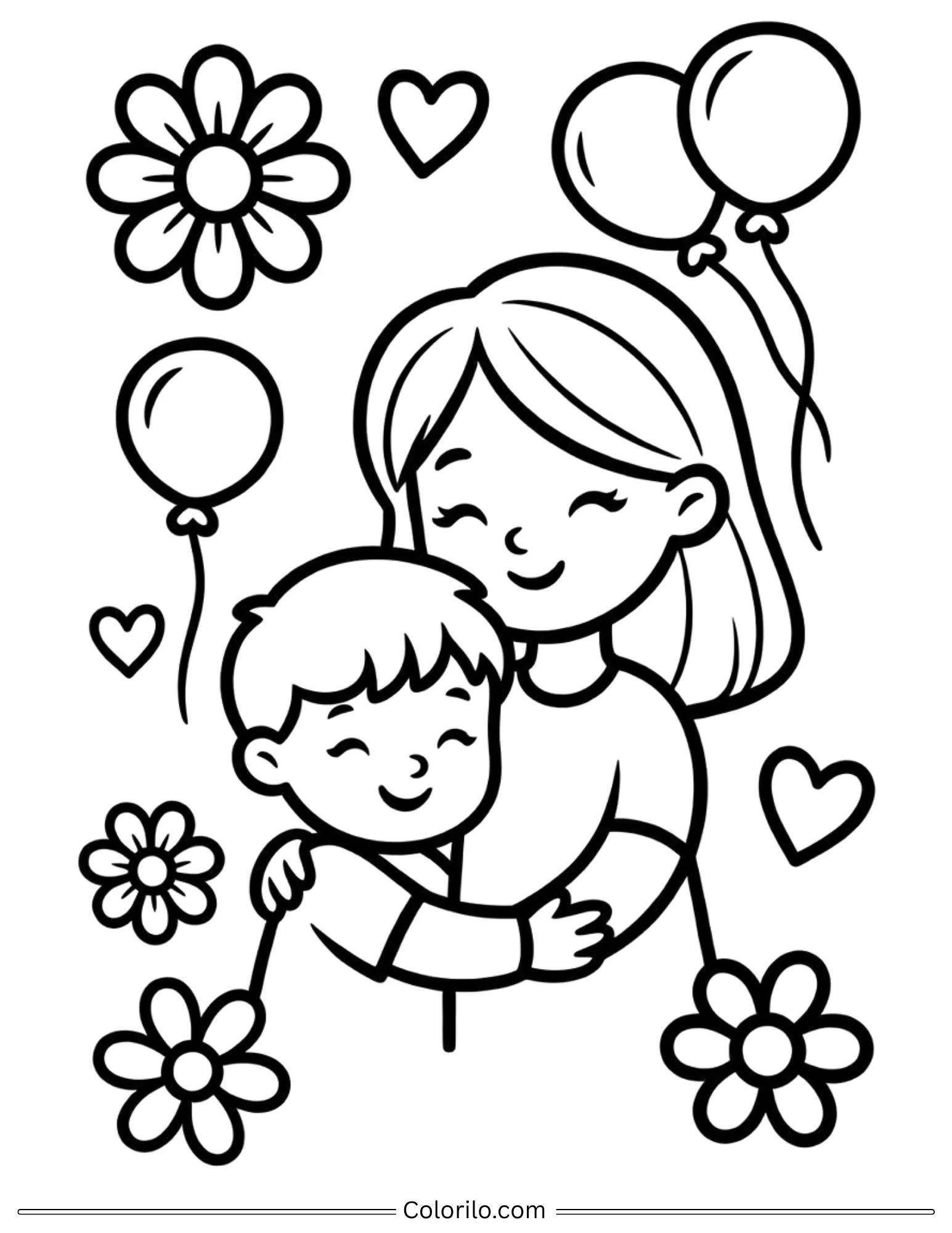 Mom hugging son with balloons coloring page