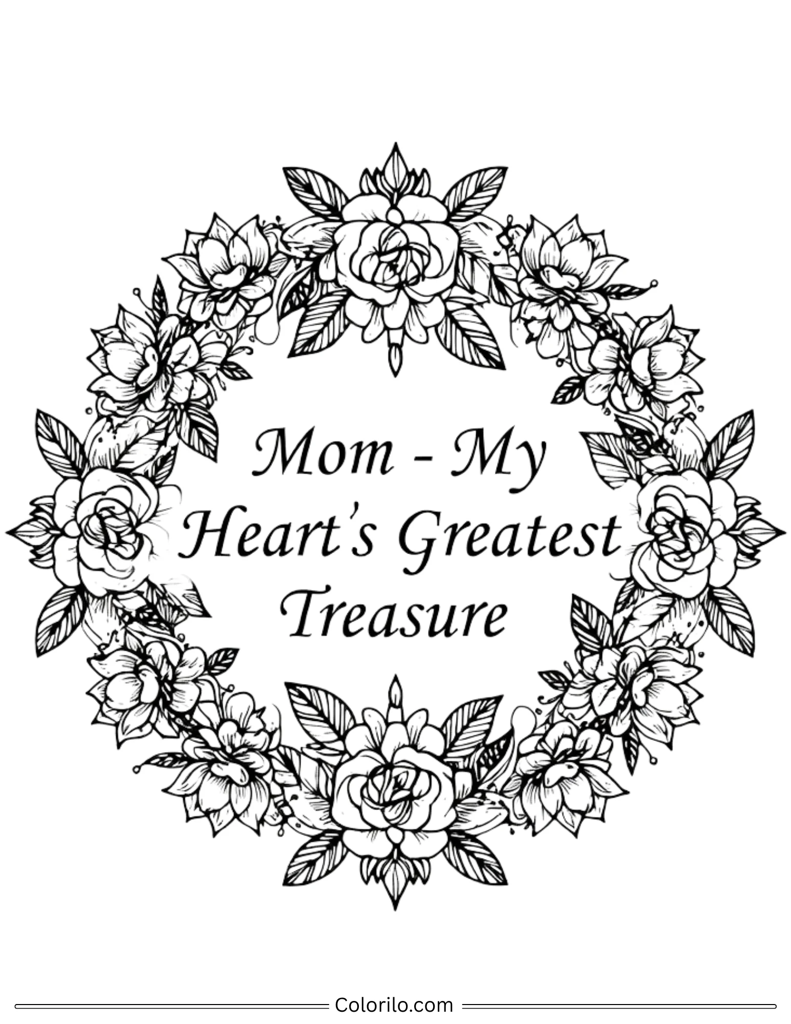 Mom My Heart's Greatest Treasure floral wreath coloring page
