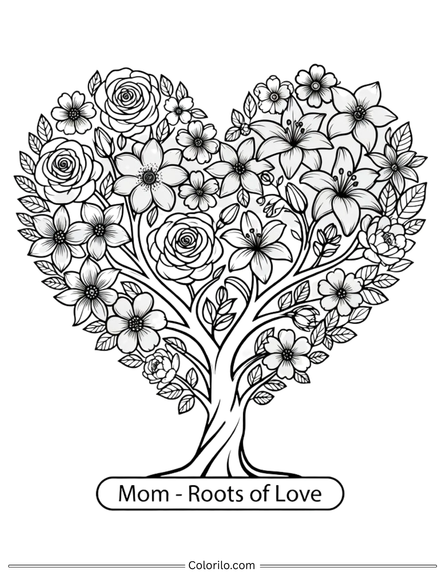 Mom Roots of Love floral heart tree coloring page