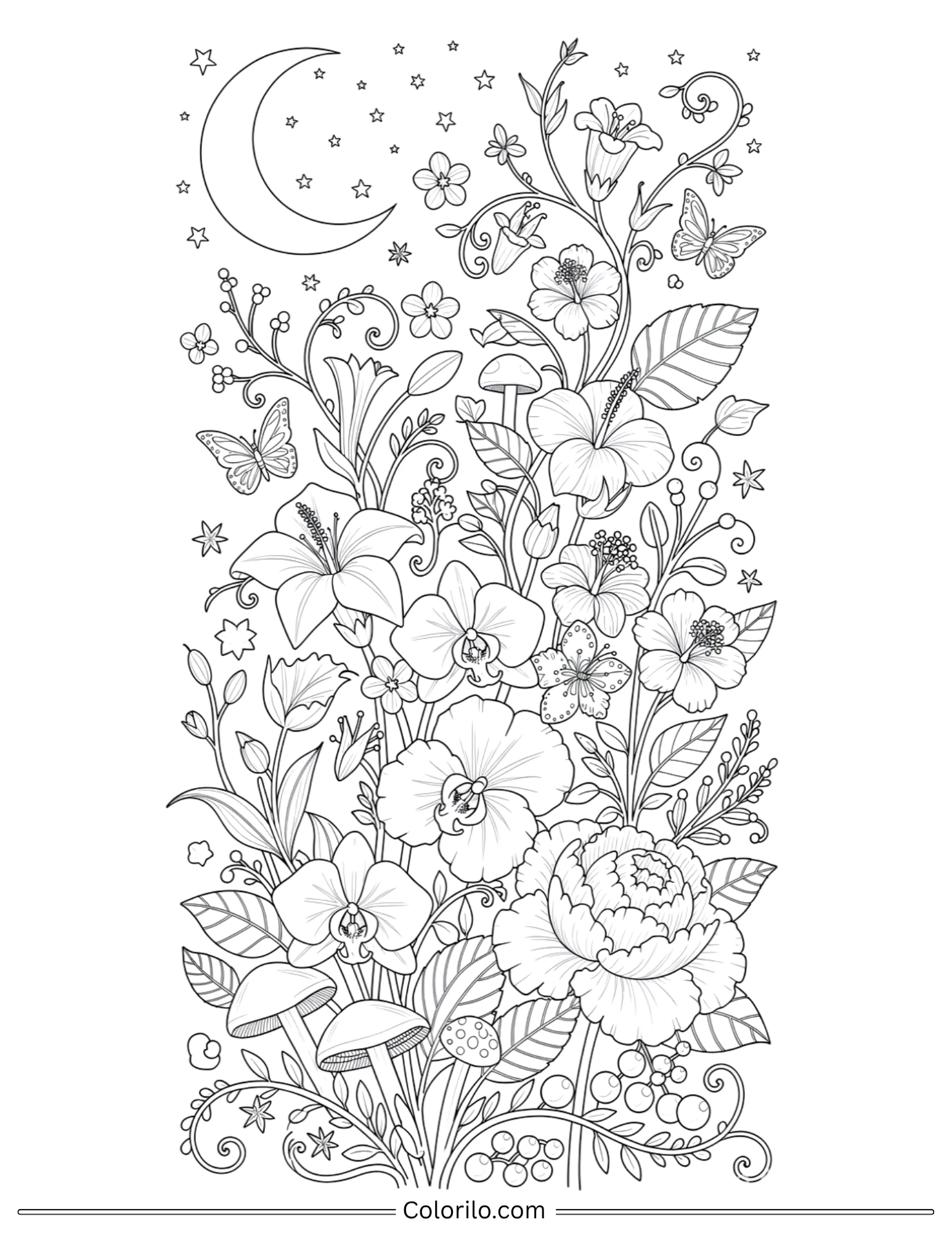 Moon and flowers fantasy garden coloring page for adults
