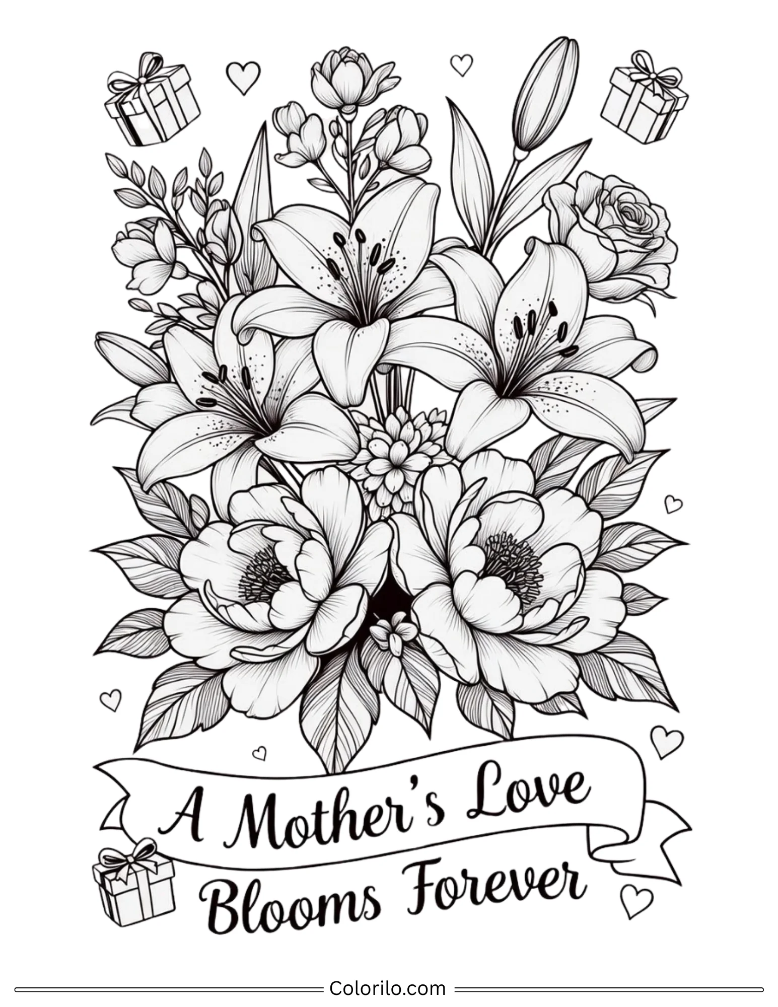 A Mother's Love Blooms Forever floral coloring page