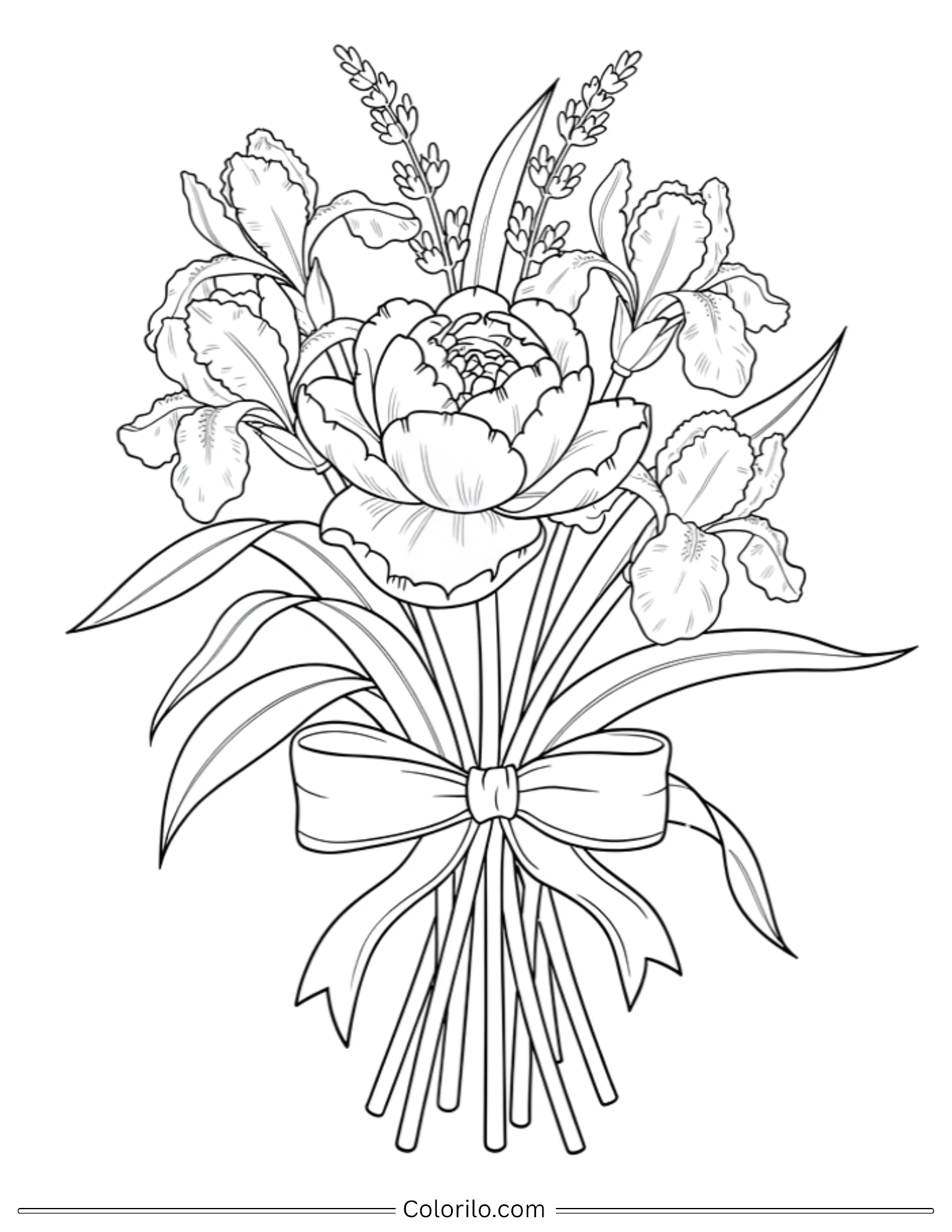 Peony and iris bouquet with ribbon coloring page