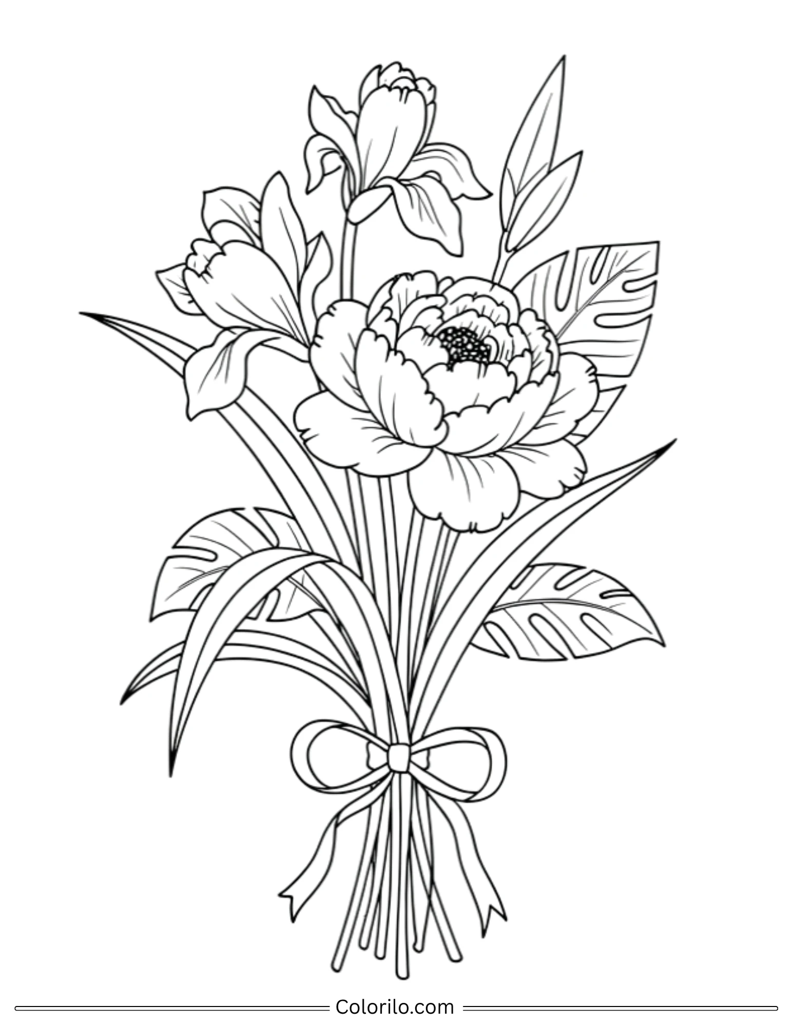 Peony bouquet with bow coloring page