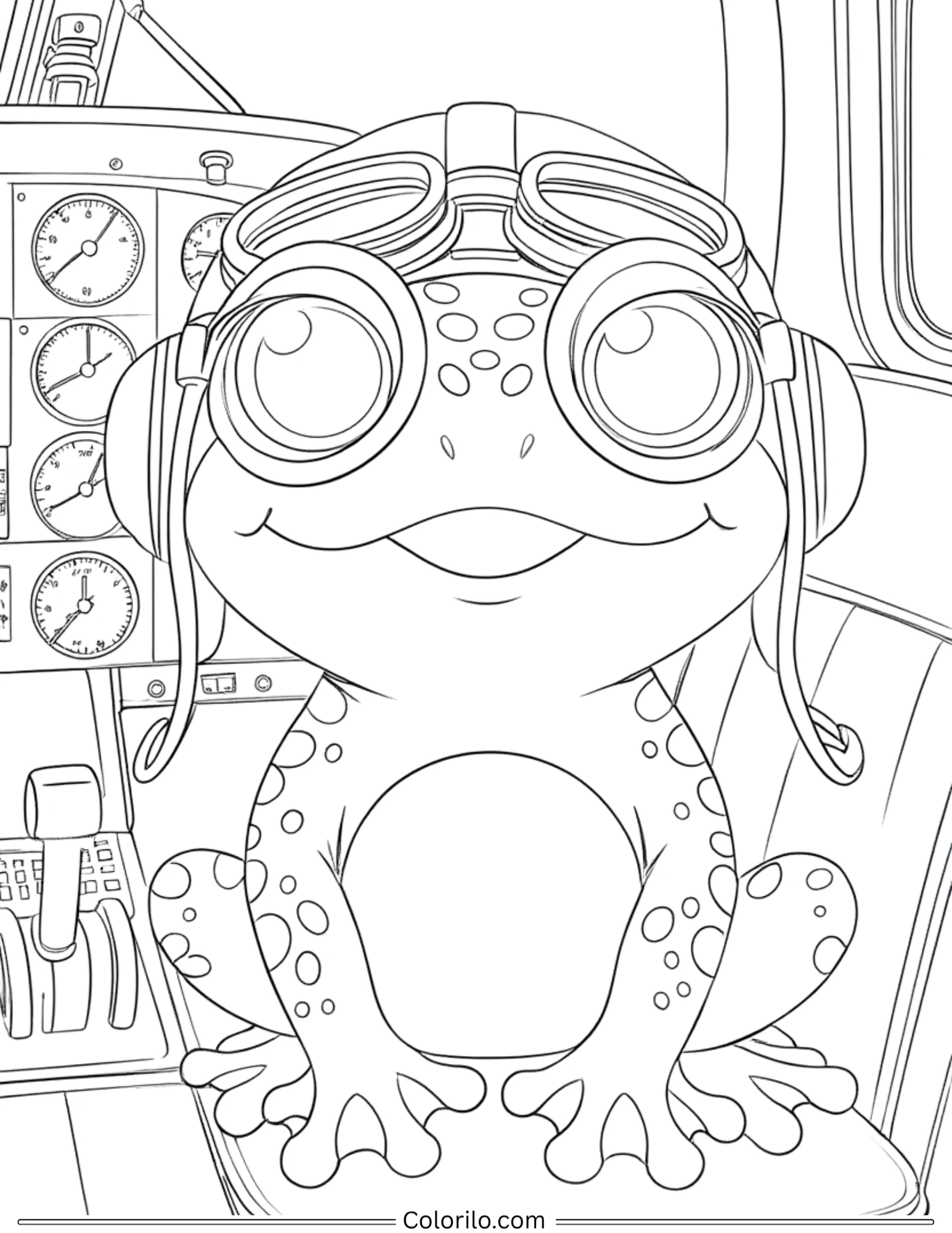Pilot frog in cockpit with goggles coloring page