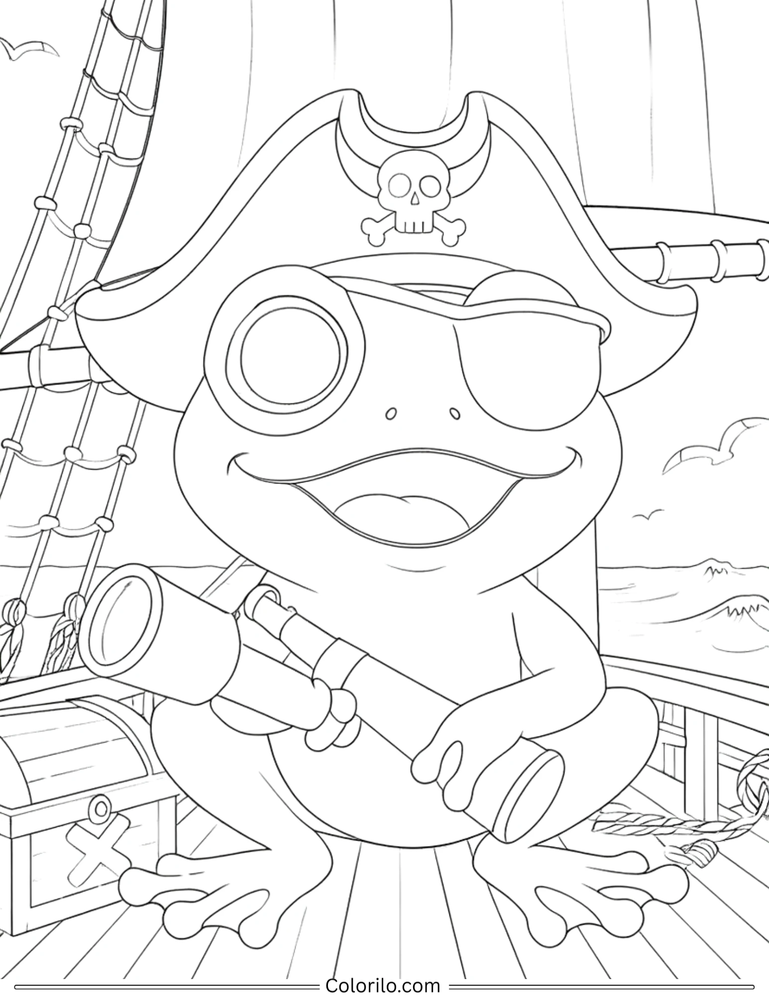 Pirate frog with telescope and treasure coloring page