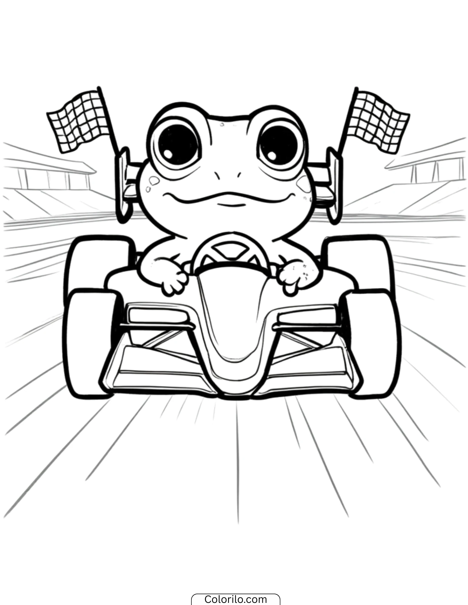 Race car driver frog in formula car coloring page