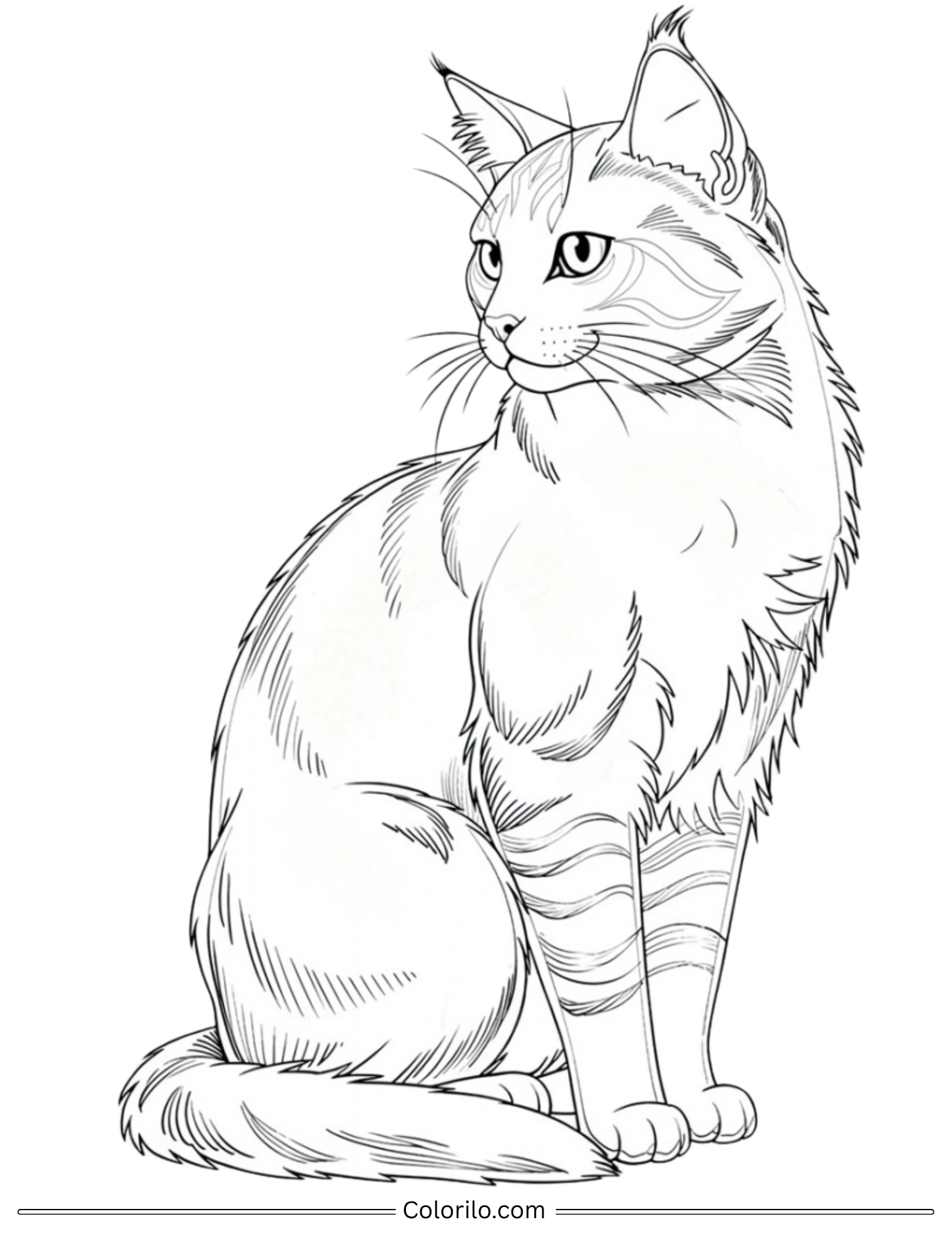 Realistic fluffy cat sitting and looking up coloring page