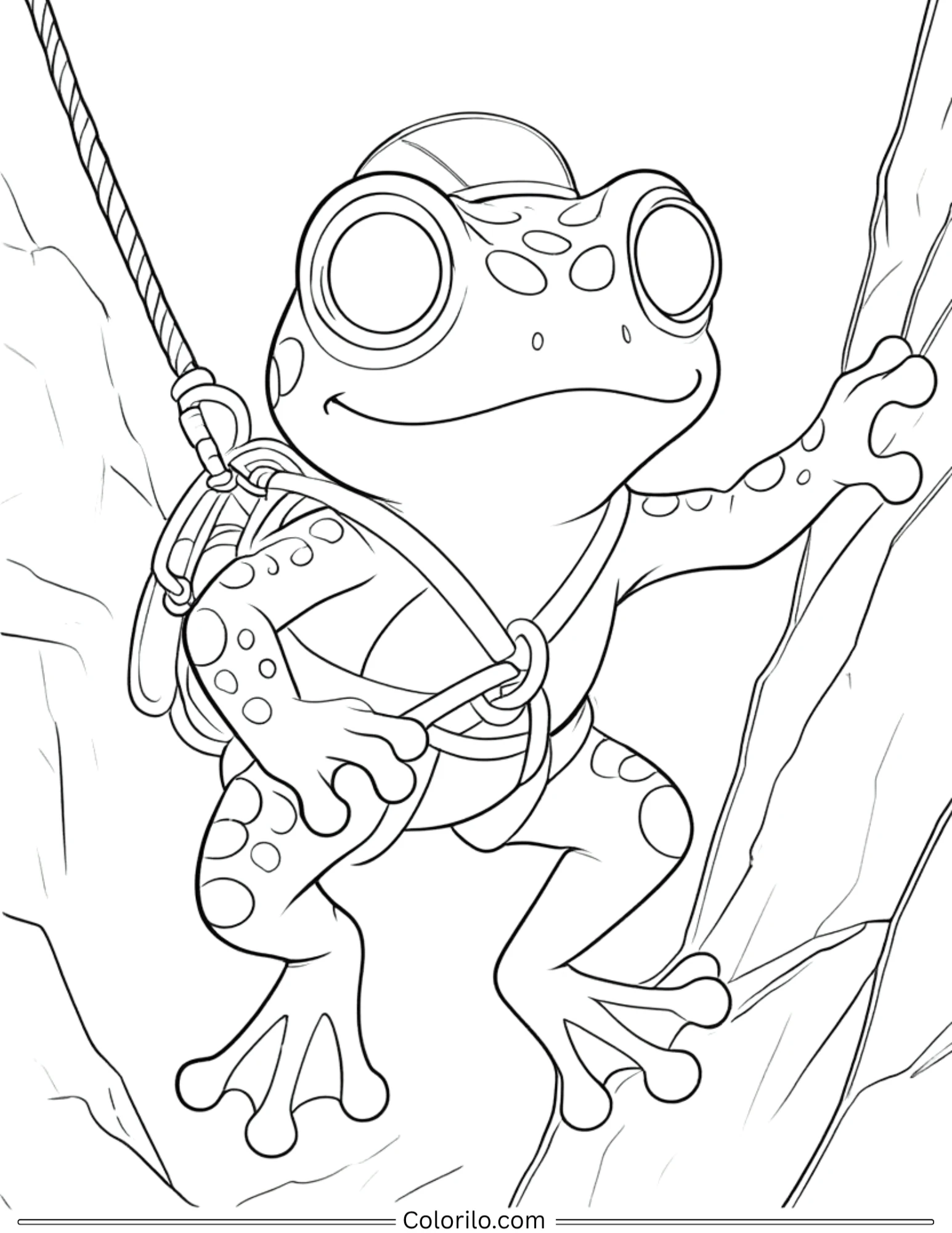 Rock climbing frog with harness coloring page