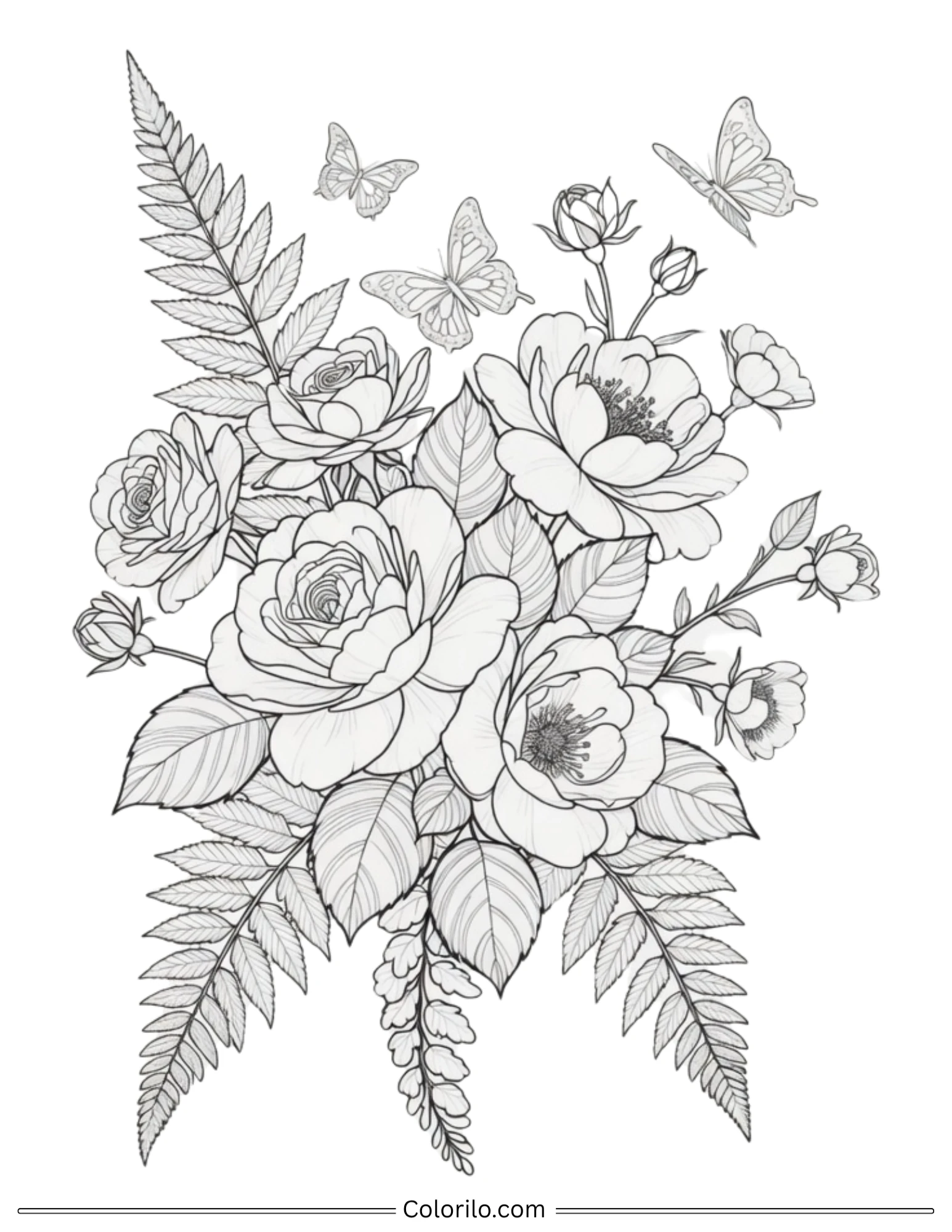 Rose bouquet with butterflies and ferns coloring page