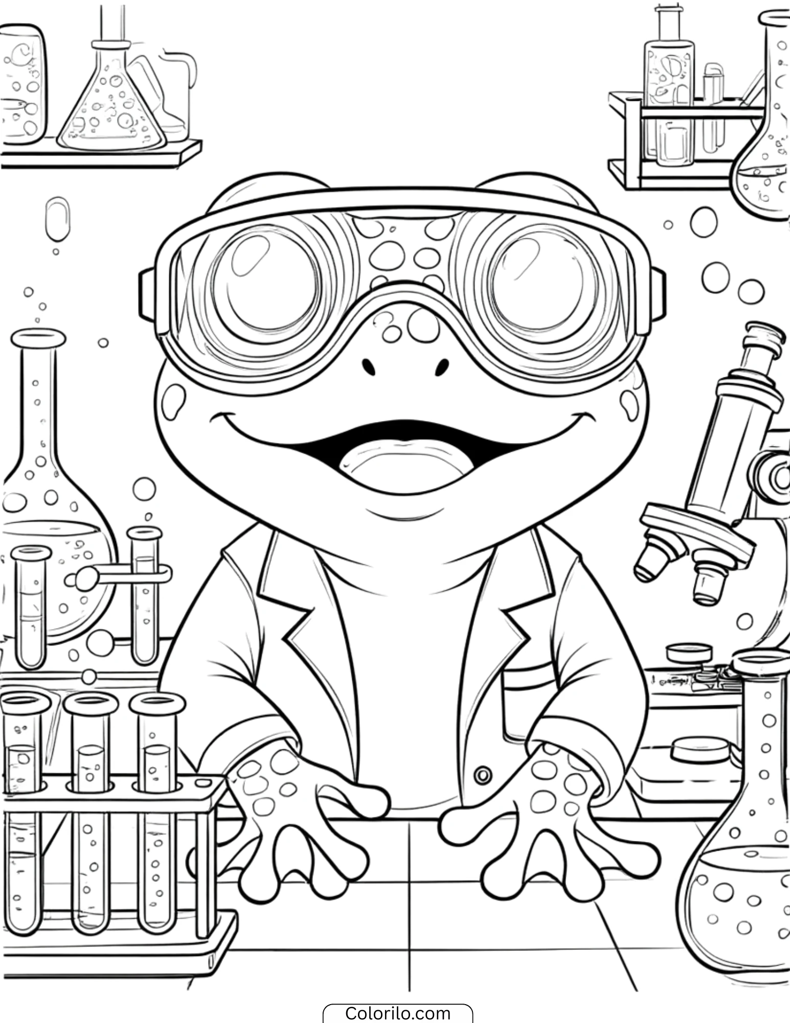 Scientist frog with goggles and lab beakers coloring page