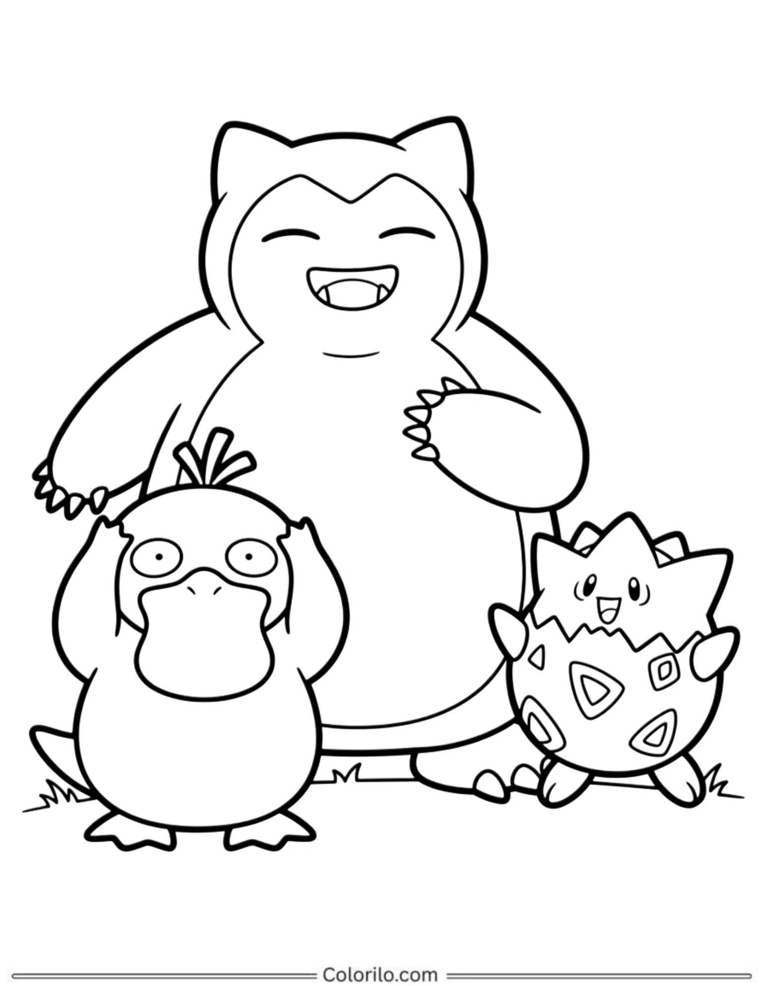 Snorlax with Psyduck and Togepi coloring page