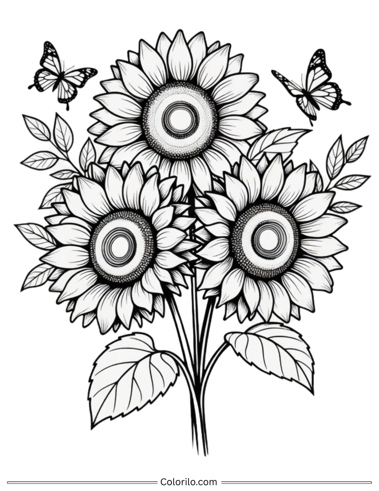 Sunflowers with butterflies coloring page