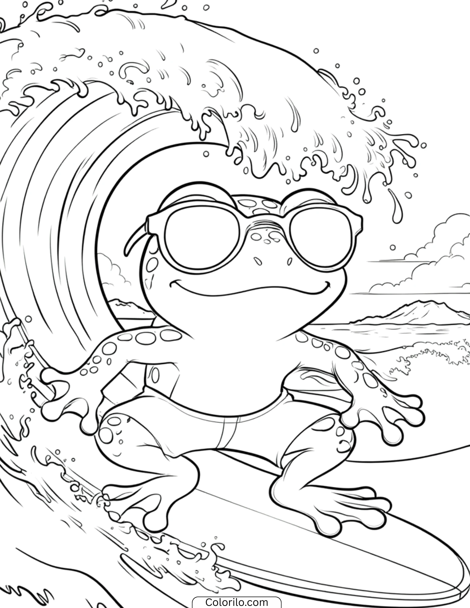 Surfing frog with sunglasses riding wave coloring page