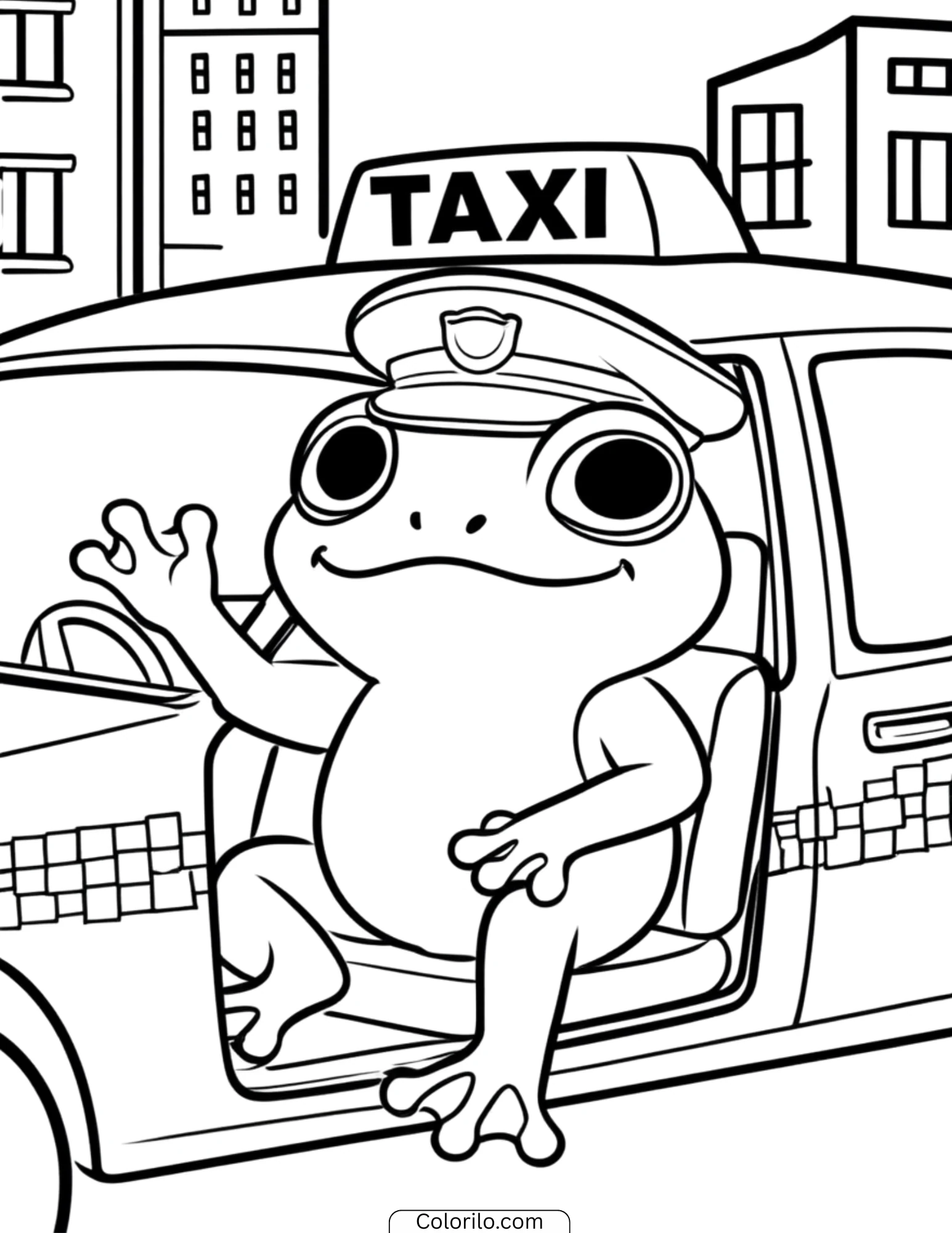 Taxi driver frog stepping out of cab coloring page