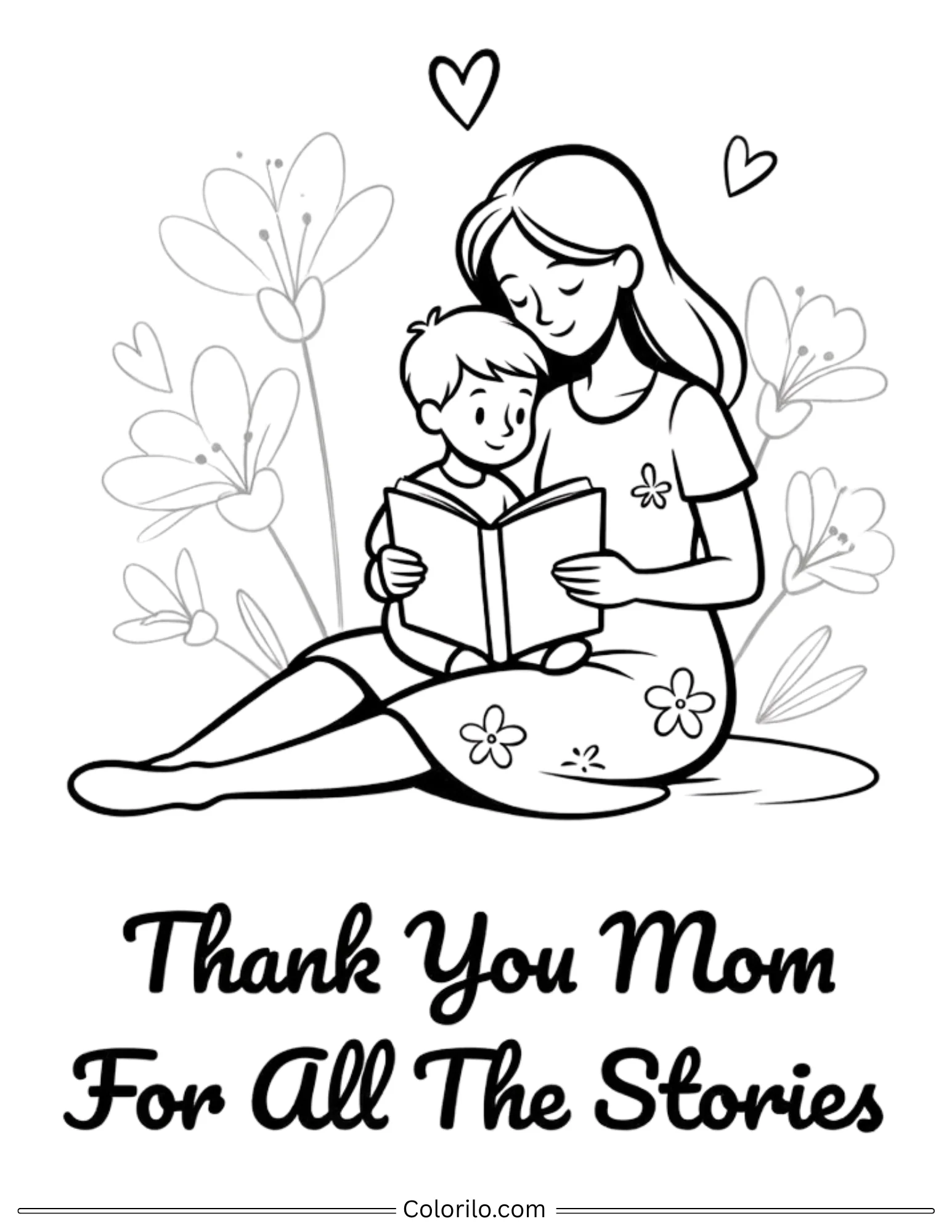 Thank You Mom For All The Stories reading coloring page