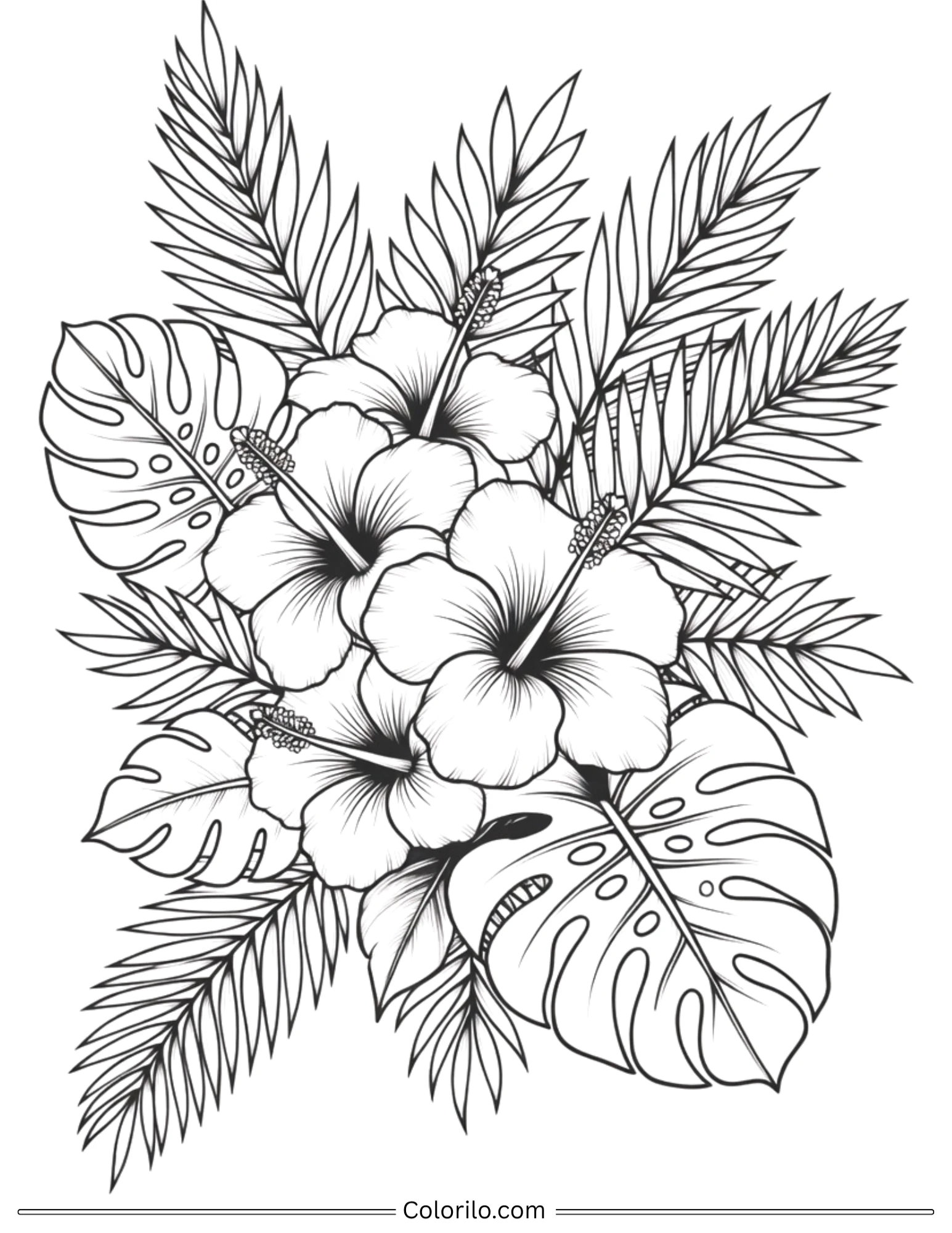 Tropical hibiscus flowers with palm leaves coloring page