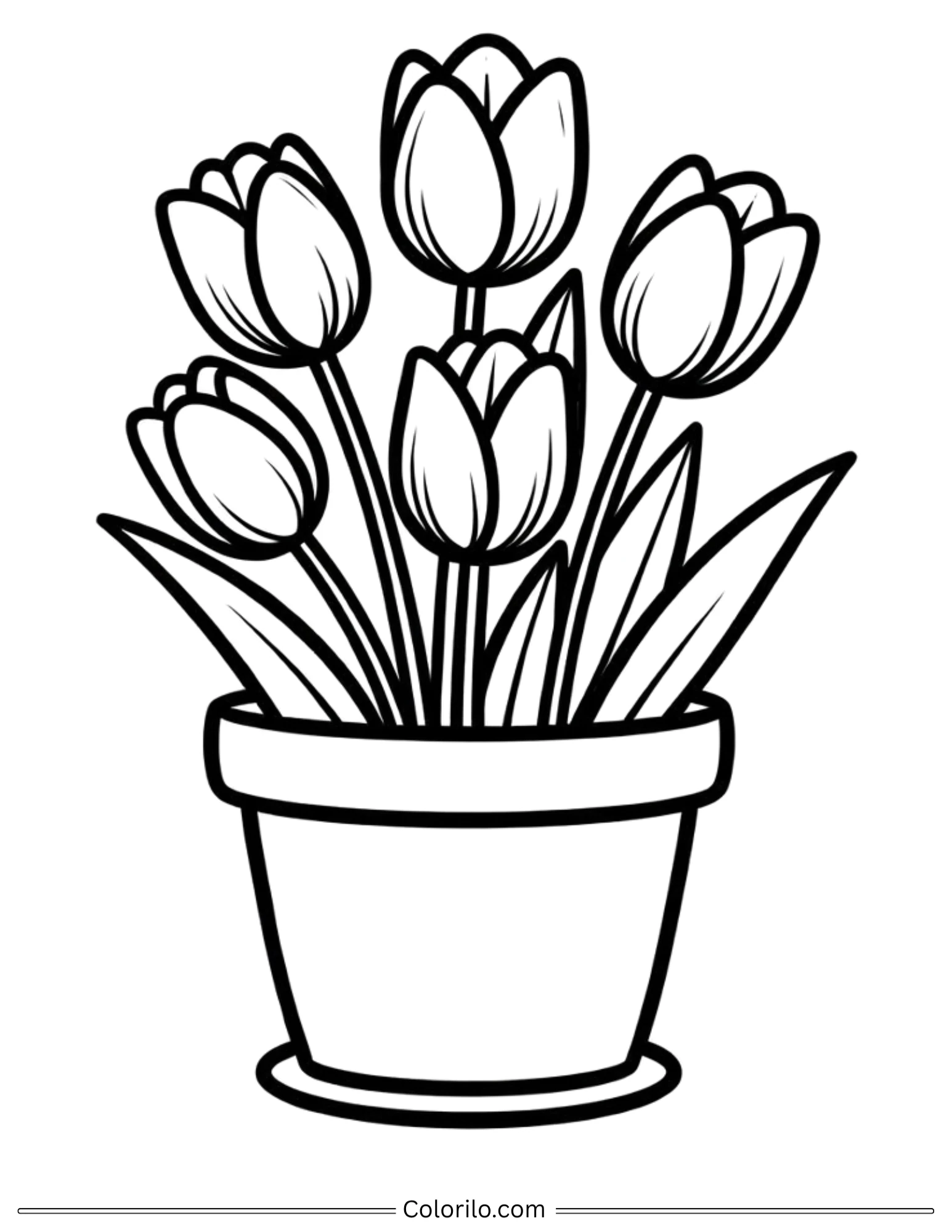 Tulips in flower pot coloring page for kids