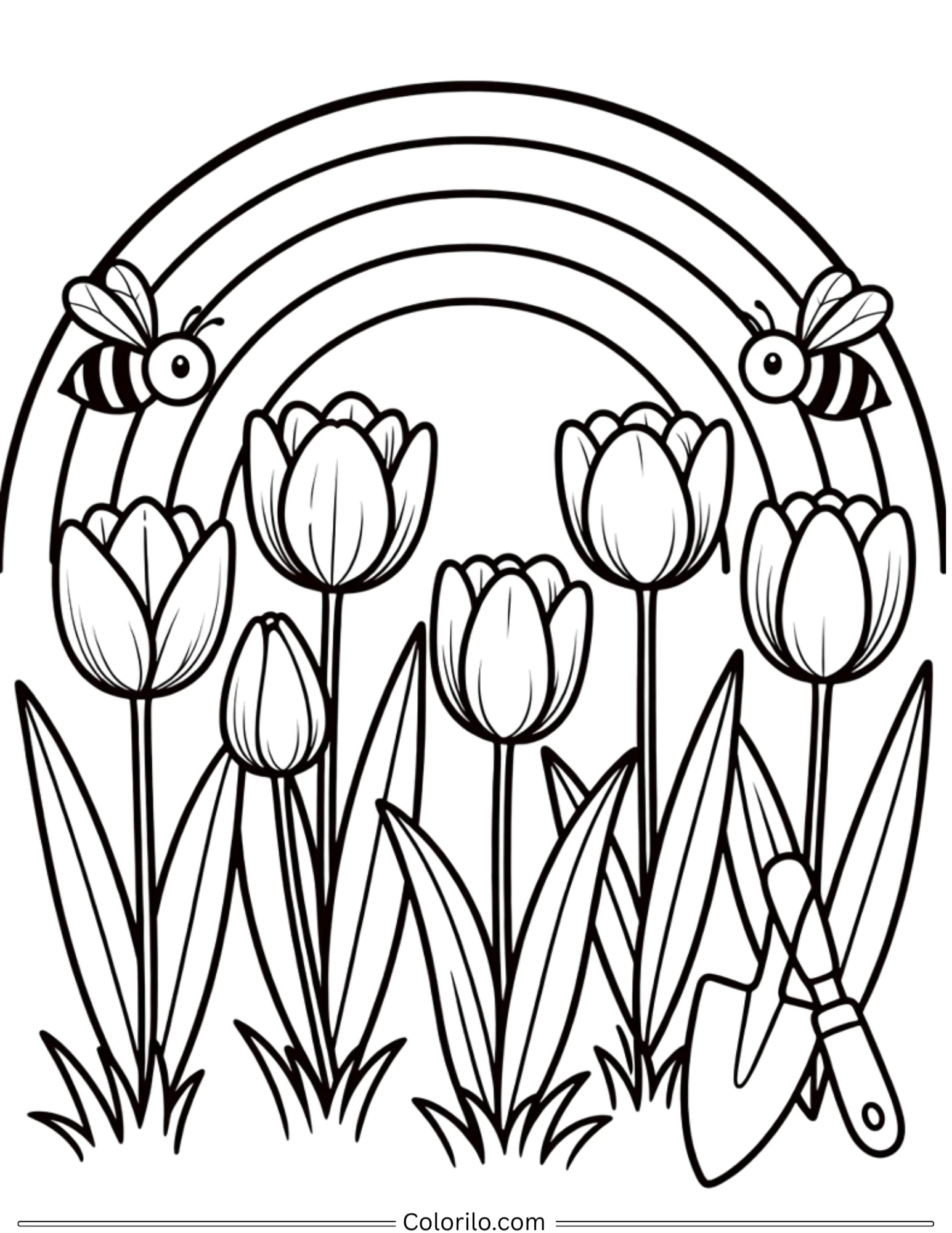 Tulips with rainbow and bees coloring page for kids