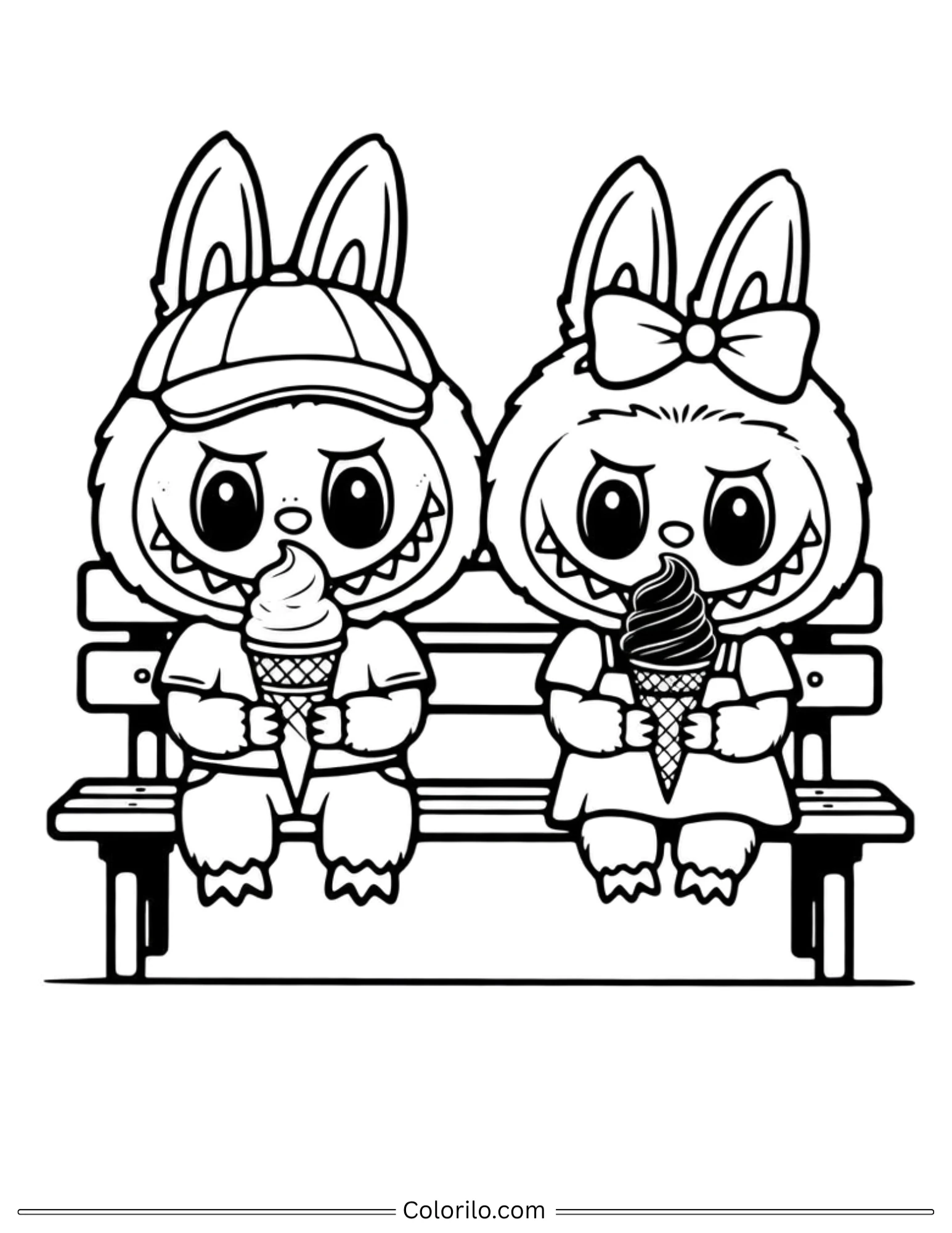 Two Labubus eating ice cream on bench coloring page