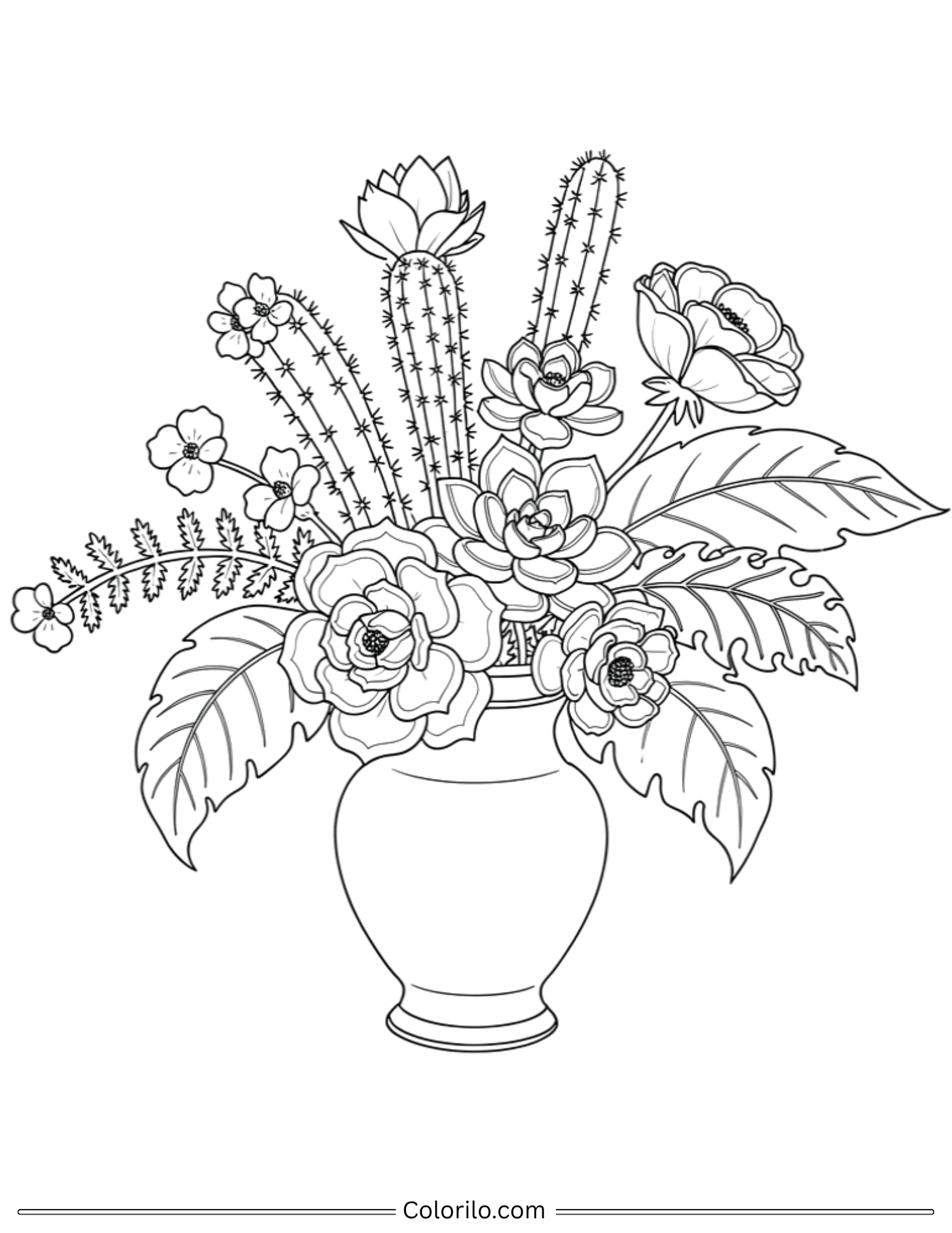 Vase with cactus and flowers coloring page for adults