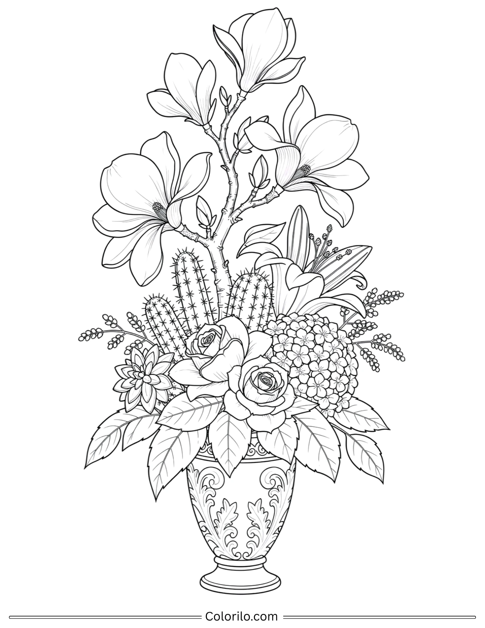 Ornate vase with magnolia and cactus coloring page