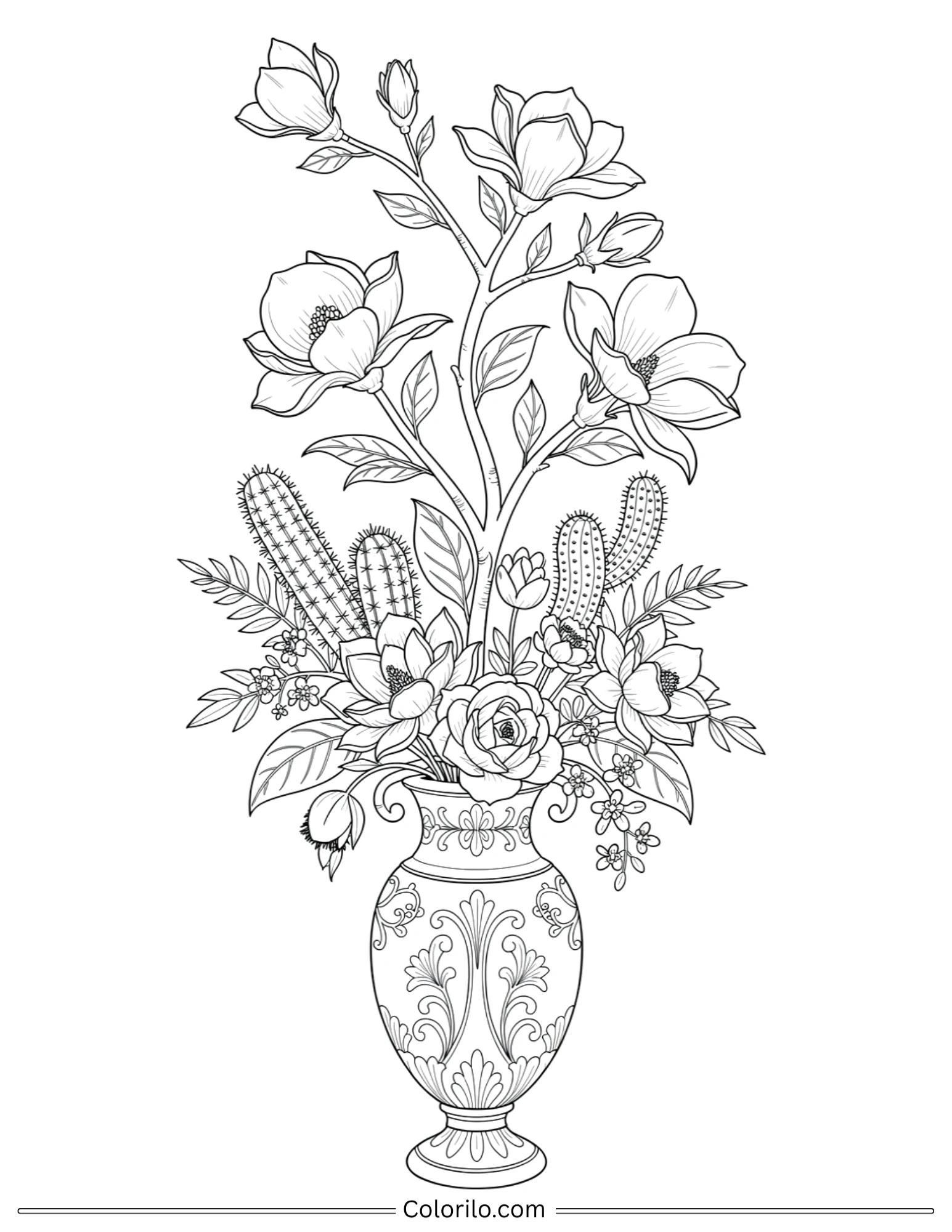 Decorative vase with magnolia bouquet coloring page