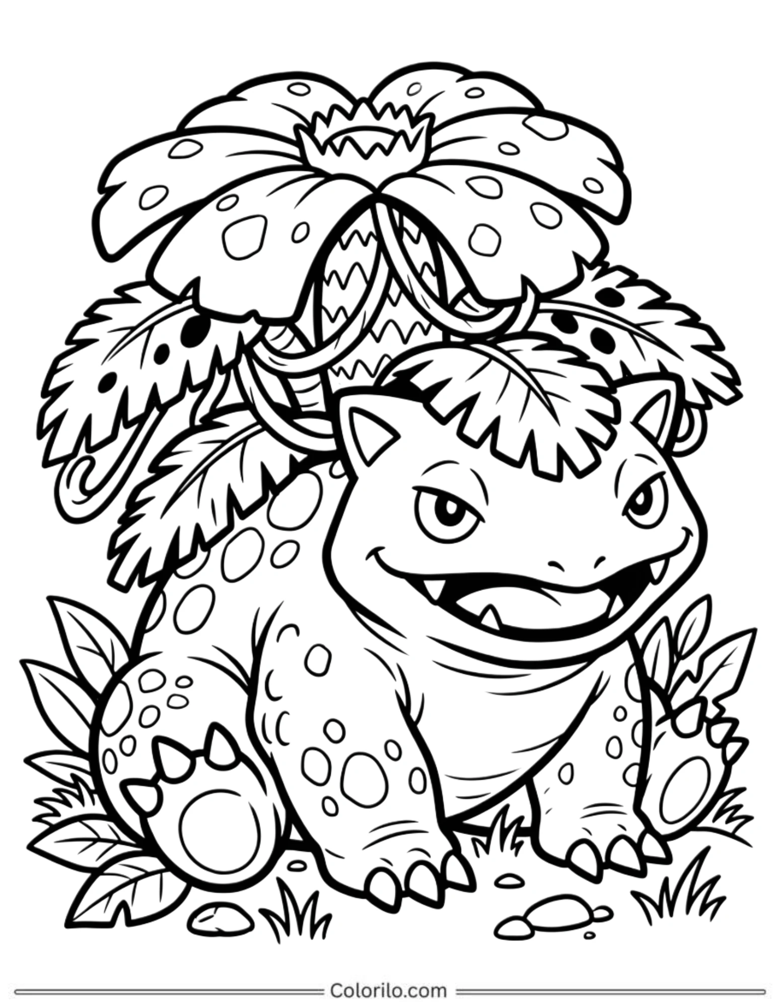 Venusaur in jungle with plants coloring page