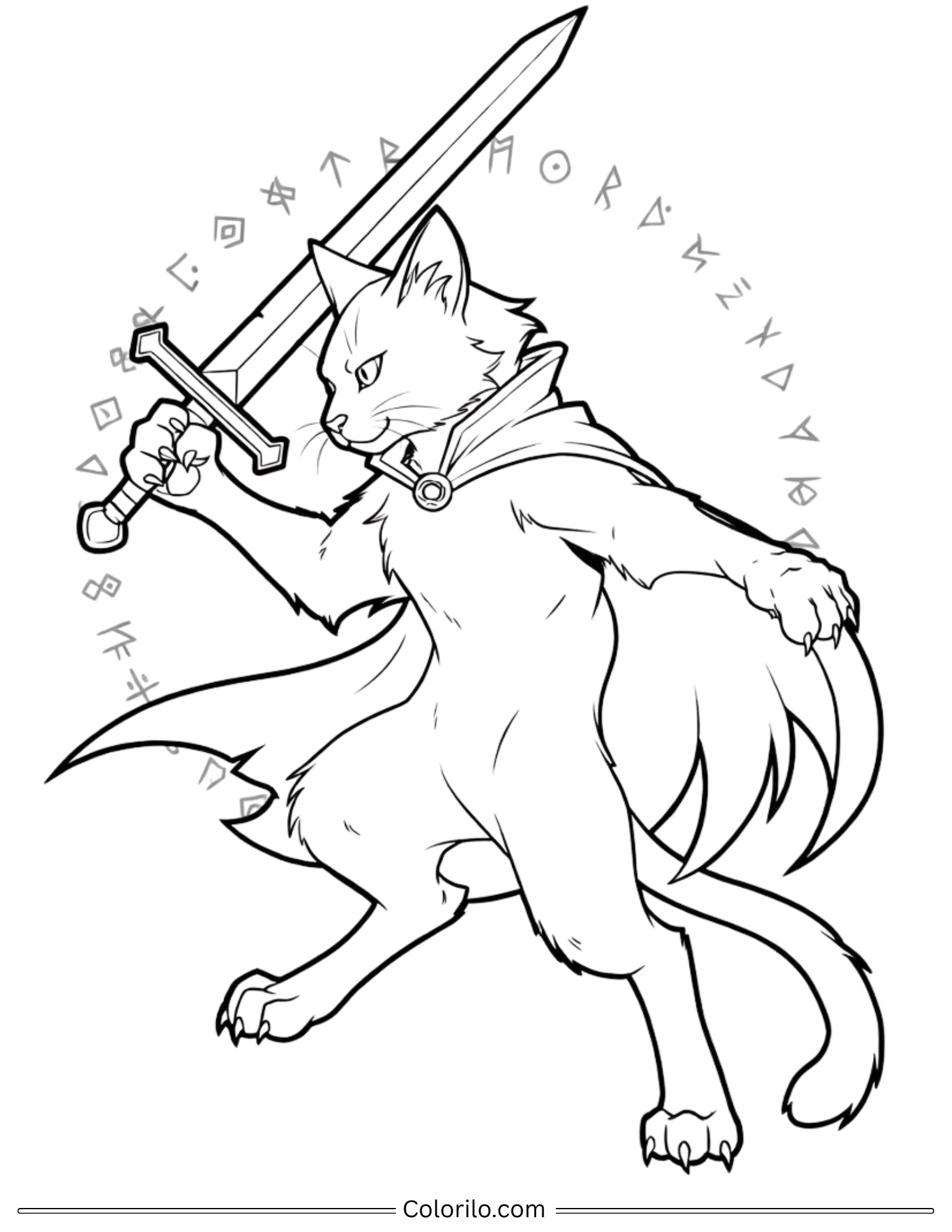 Warrior cat holding sword with cape and runes coloring page