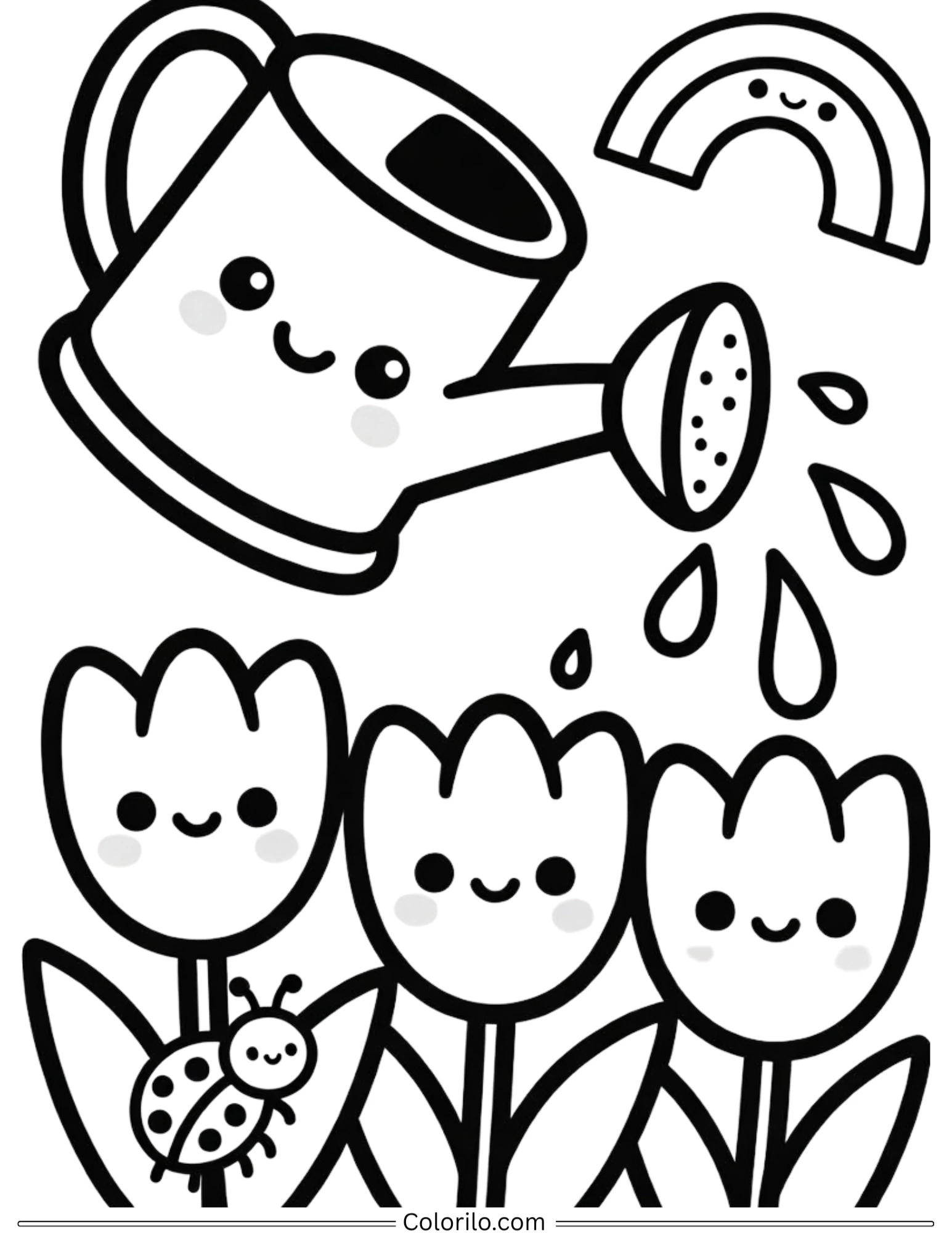 Cute watering can and tulips coloring page for kids