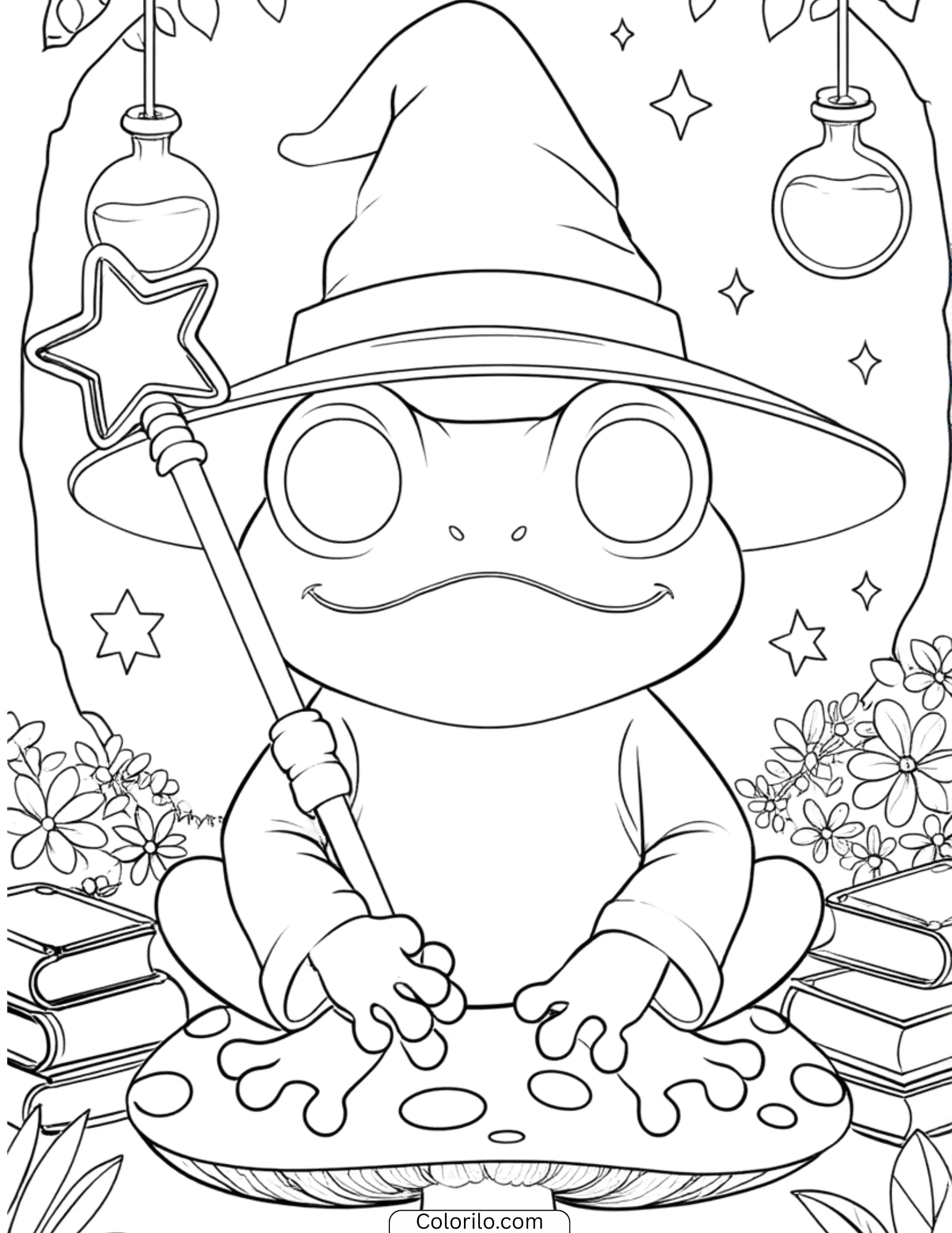 Wizard frog with hat and magic wand coloring page